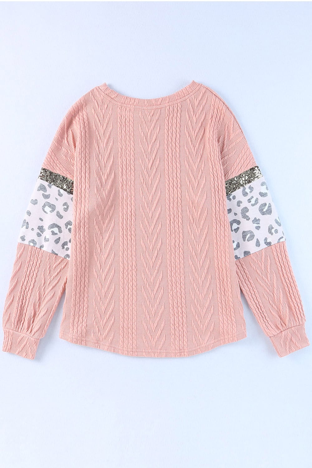 Pink Leopard Sequin Splicing Sleeves Textured Knit Top