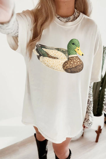 White Bohemian Mallard Duck Applique Short Sleeve Graphic T-Shirt