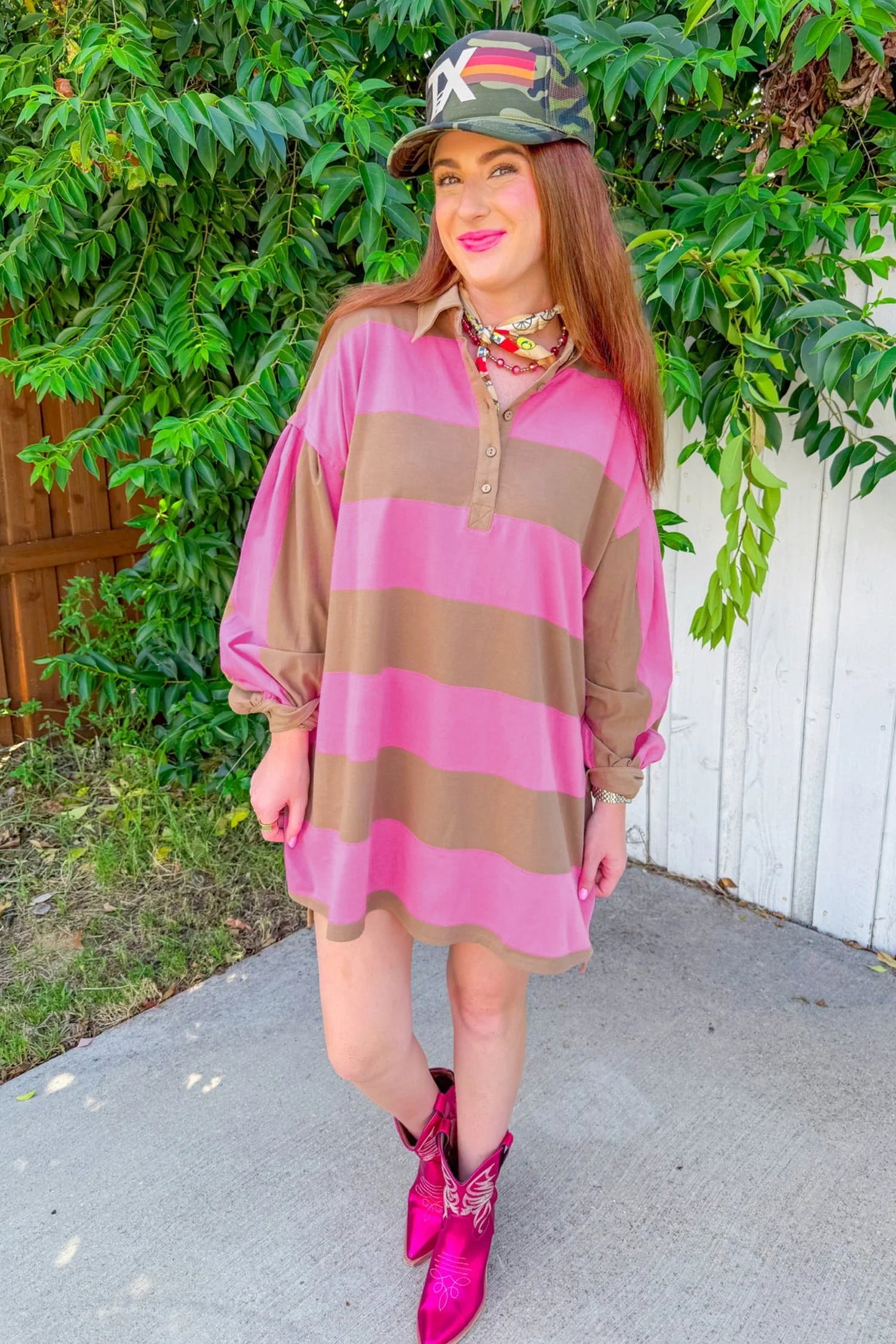 Rose Stripe Striped Button Long Sleeve Short Shift Dress