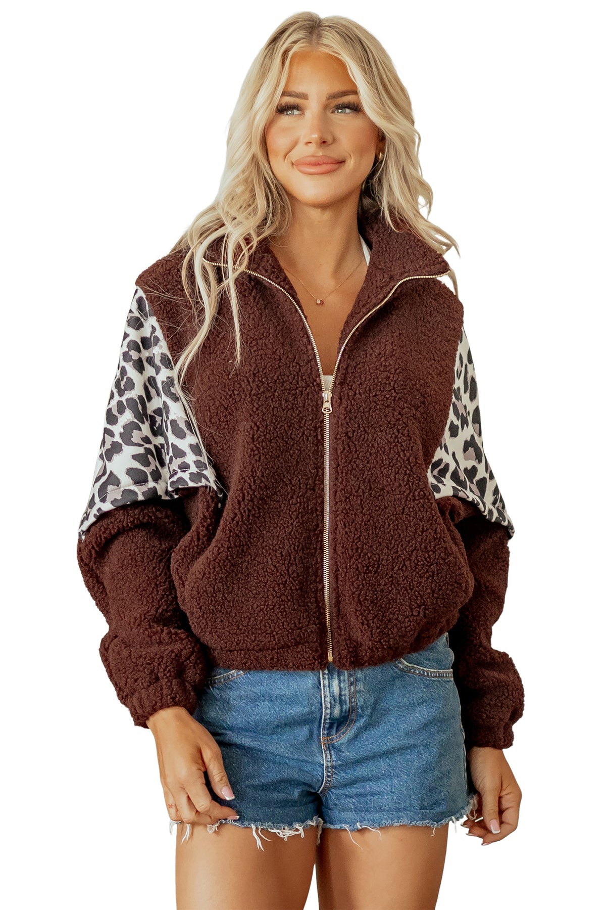 Coffee Leopard Patchwork Fleece Western Style Zip-up Collar Jacket