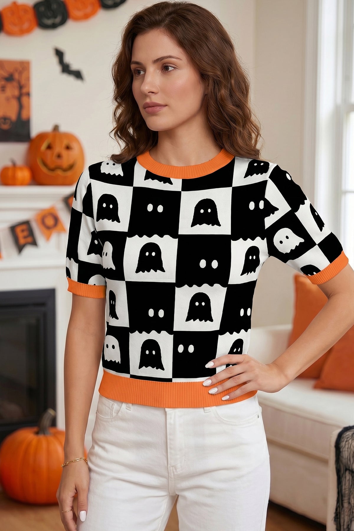 White Geometric Ghost Color Block Trim Short Sleeve Knit Sweater