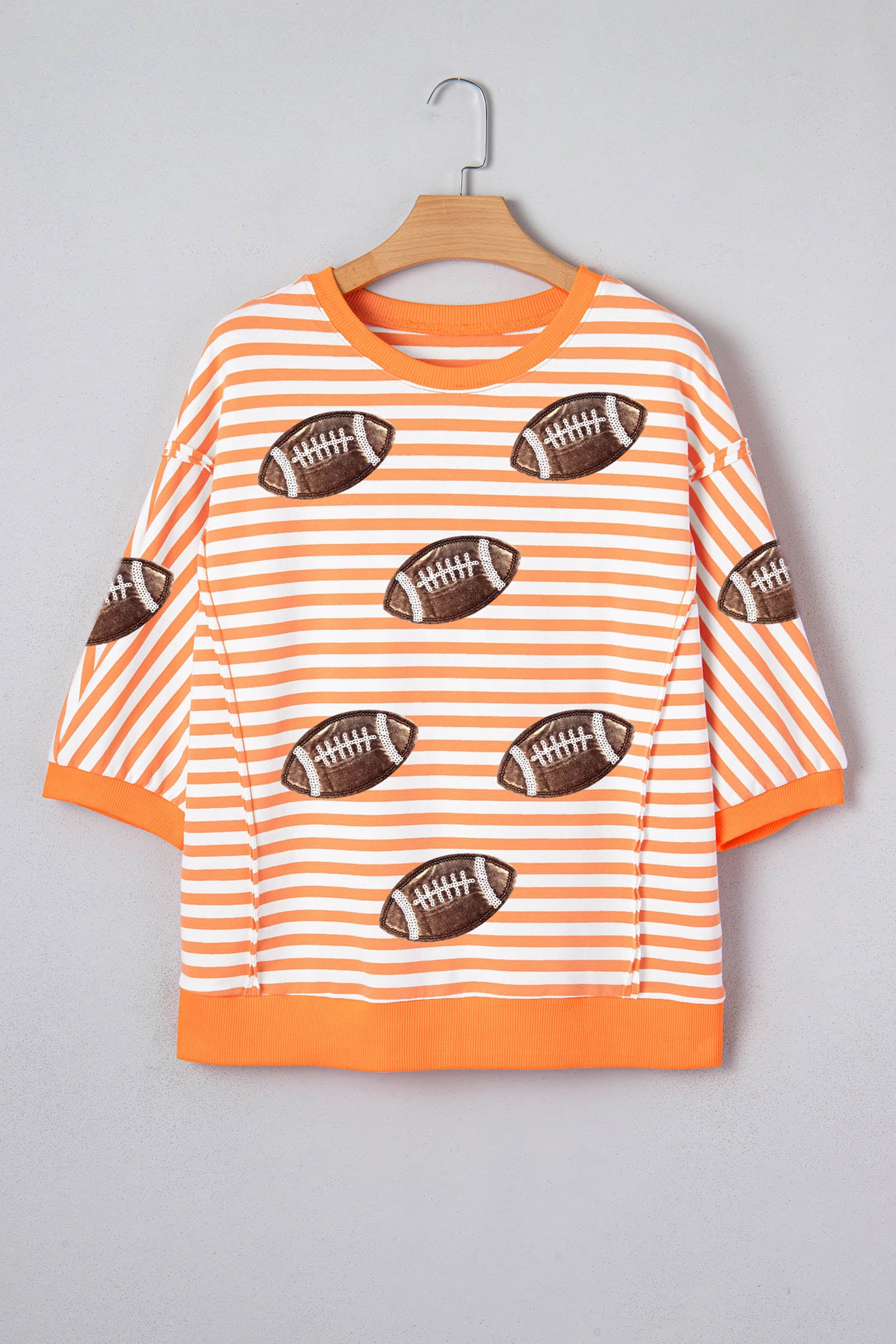 Orange Stripe Sequin Football Graphic Three Quarter Sleeve Top