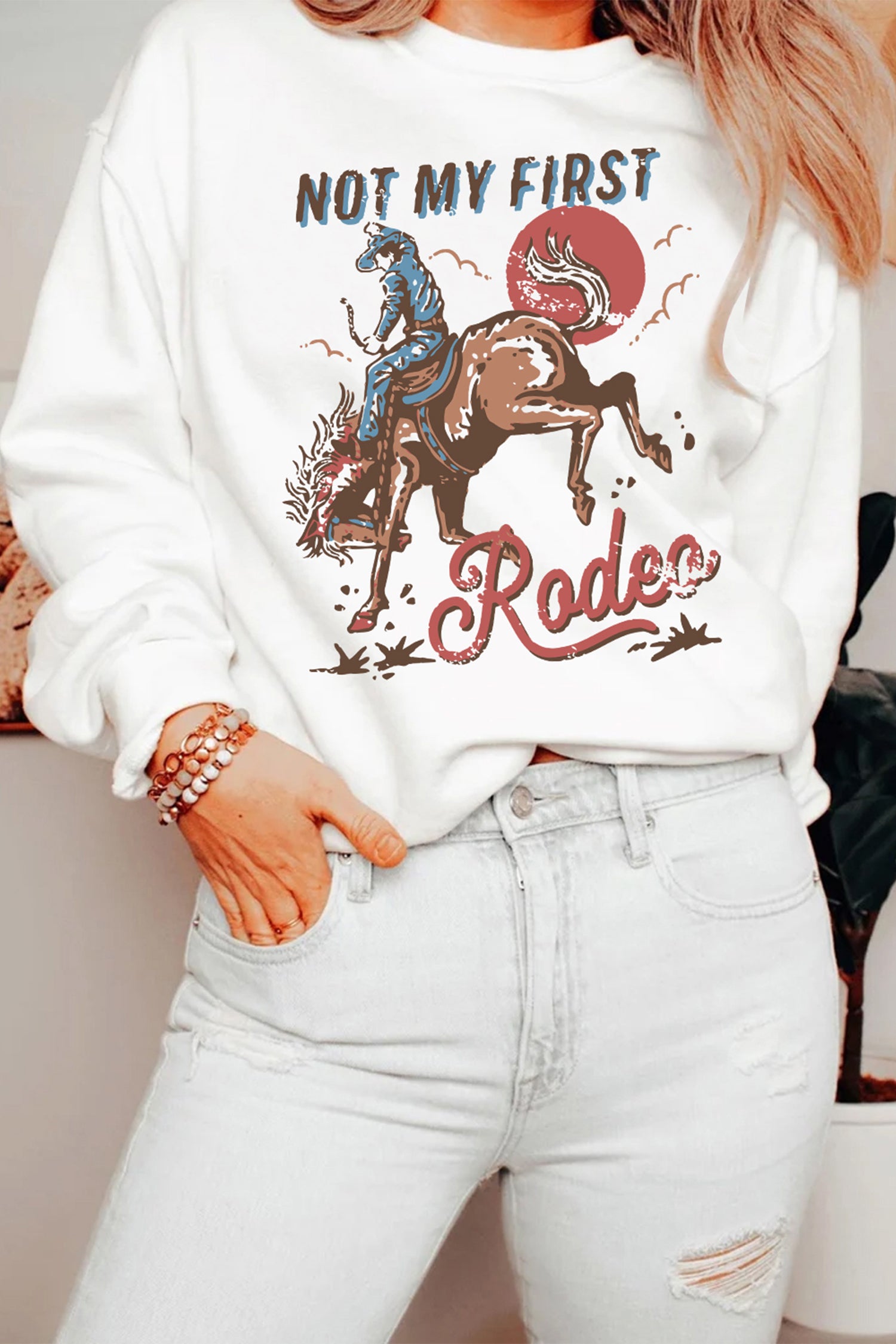 White NOT MY FIRST Rodeo Western Print Pullover Sweatshirt