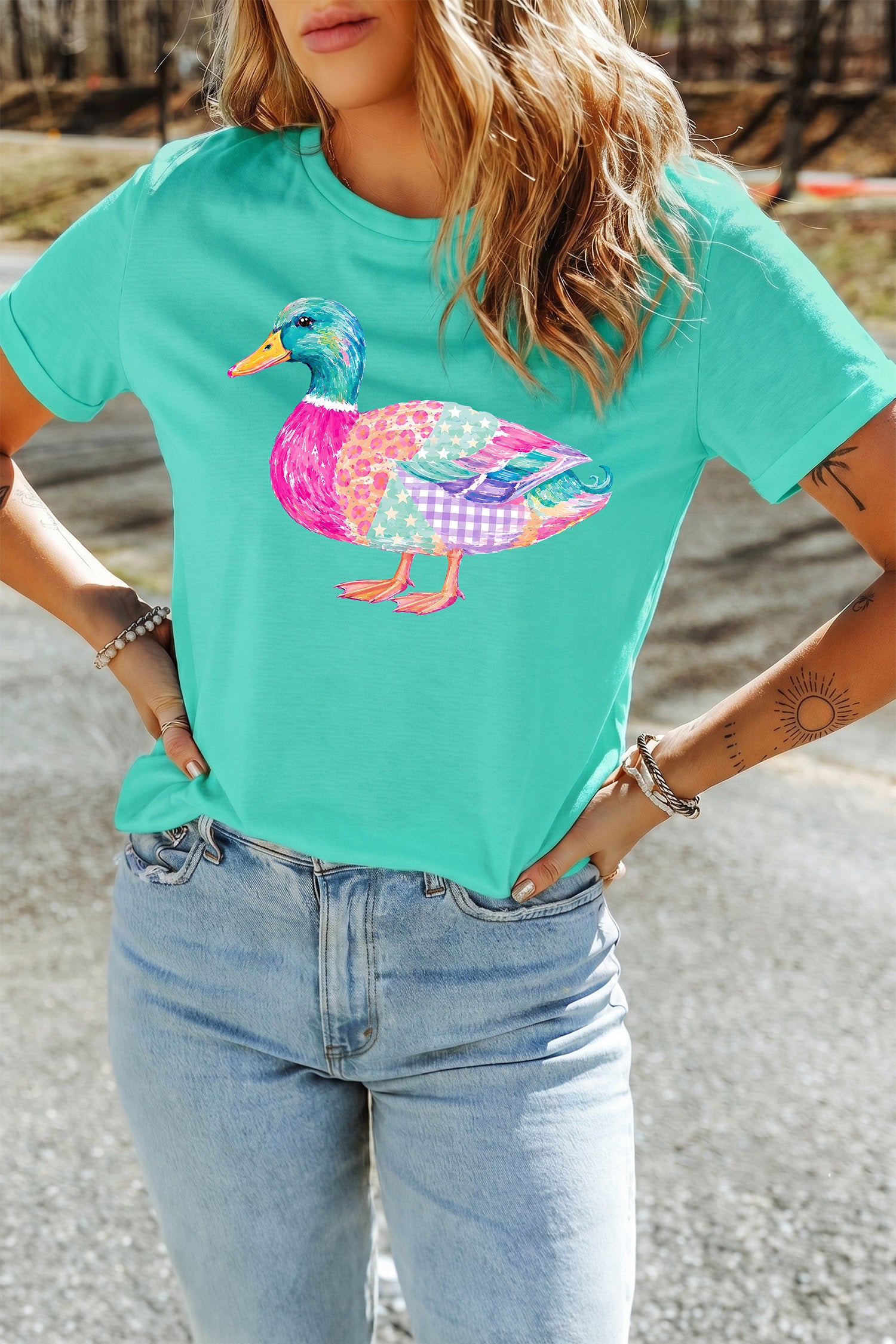 Mint Green Vibrant Mallard Duck Graphic Western T Shirt