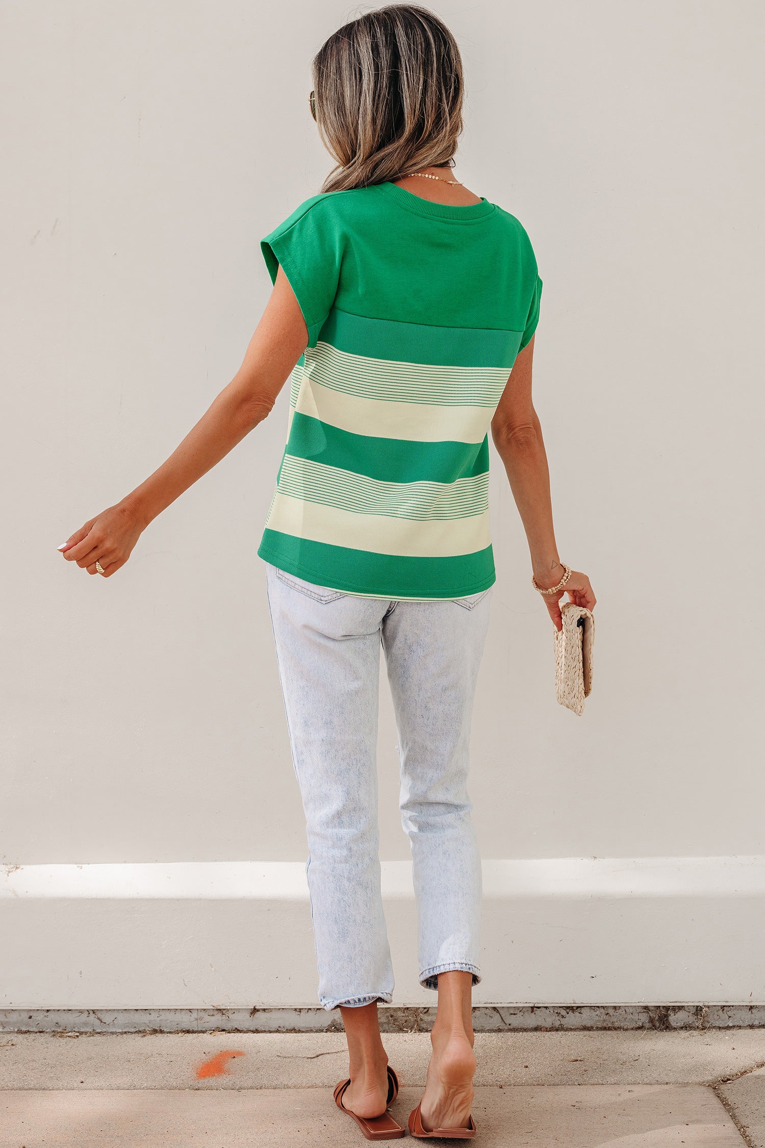 Green Stripe Mixed Print Crew Neck Cap Sleeve T Shirt
