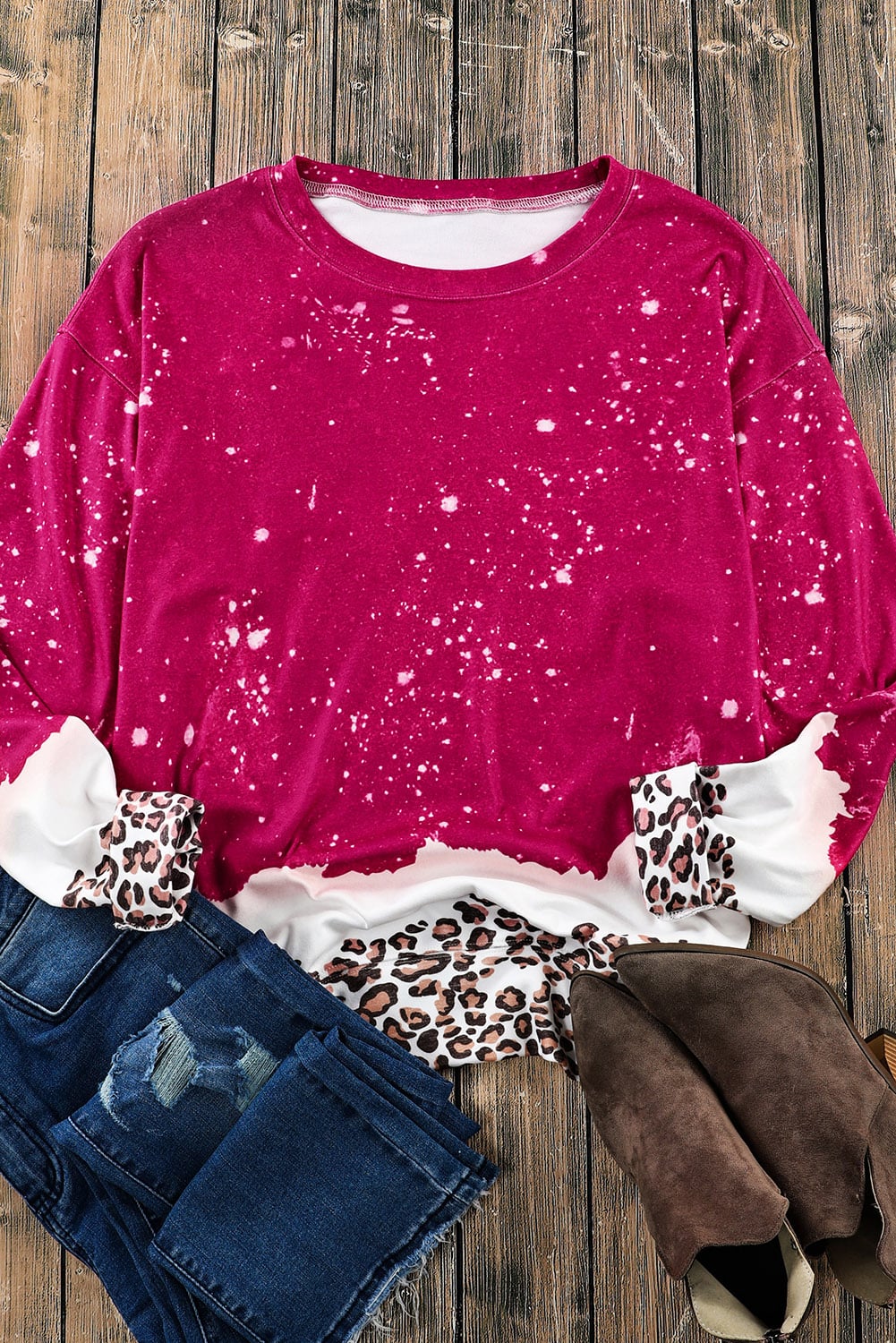 Fiery Red Leopard Bleached Pullover Sweatshirt