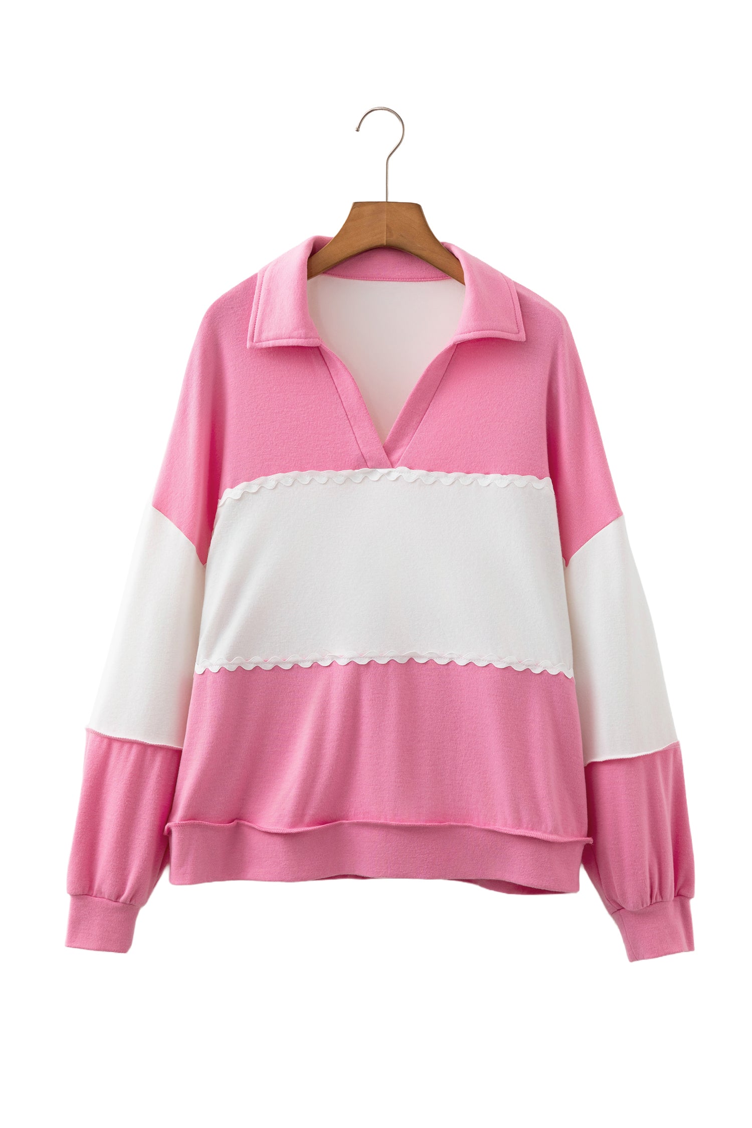 Rose Red Color Block Ricrac Trim Patchwork Collar V Neck Long Sleeve Top