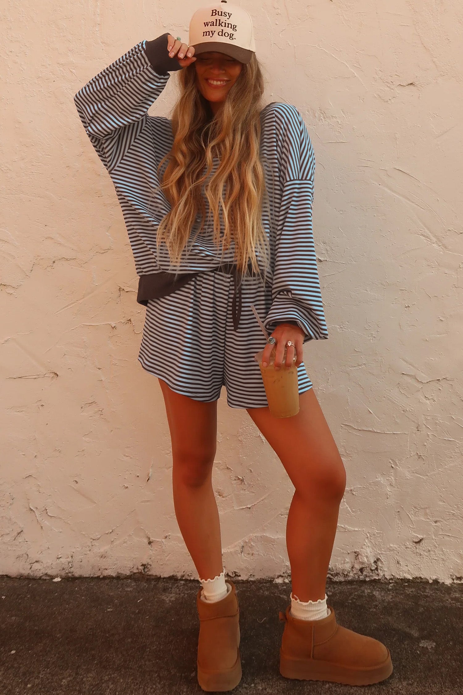 Brown Stripe Oversized Long Sleeve Top Drawstring Loose Shorts 2pcs Set