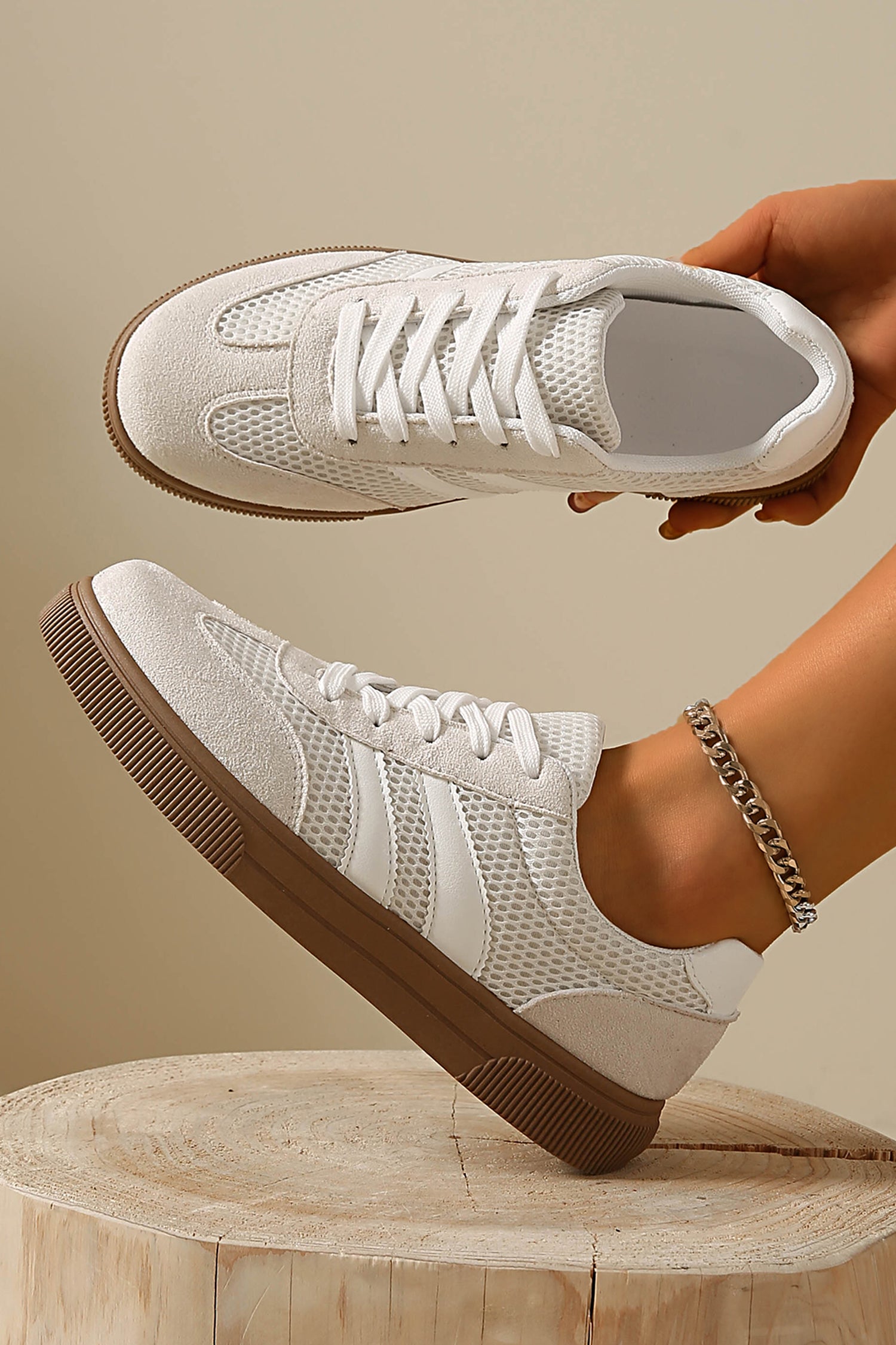White Breathable Mesh Patchwork Lace Up Flat Shoes