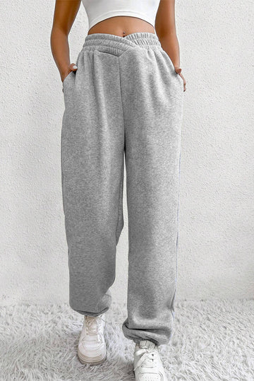 Light Grey Solid Color Crisscross Elastic Waist Sweatpants