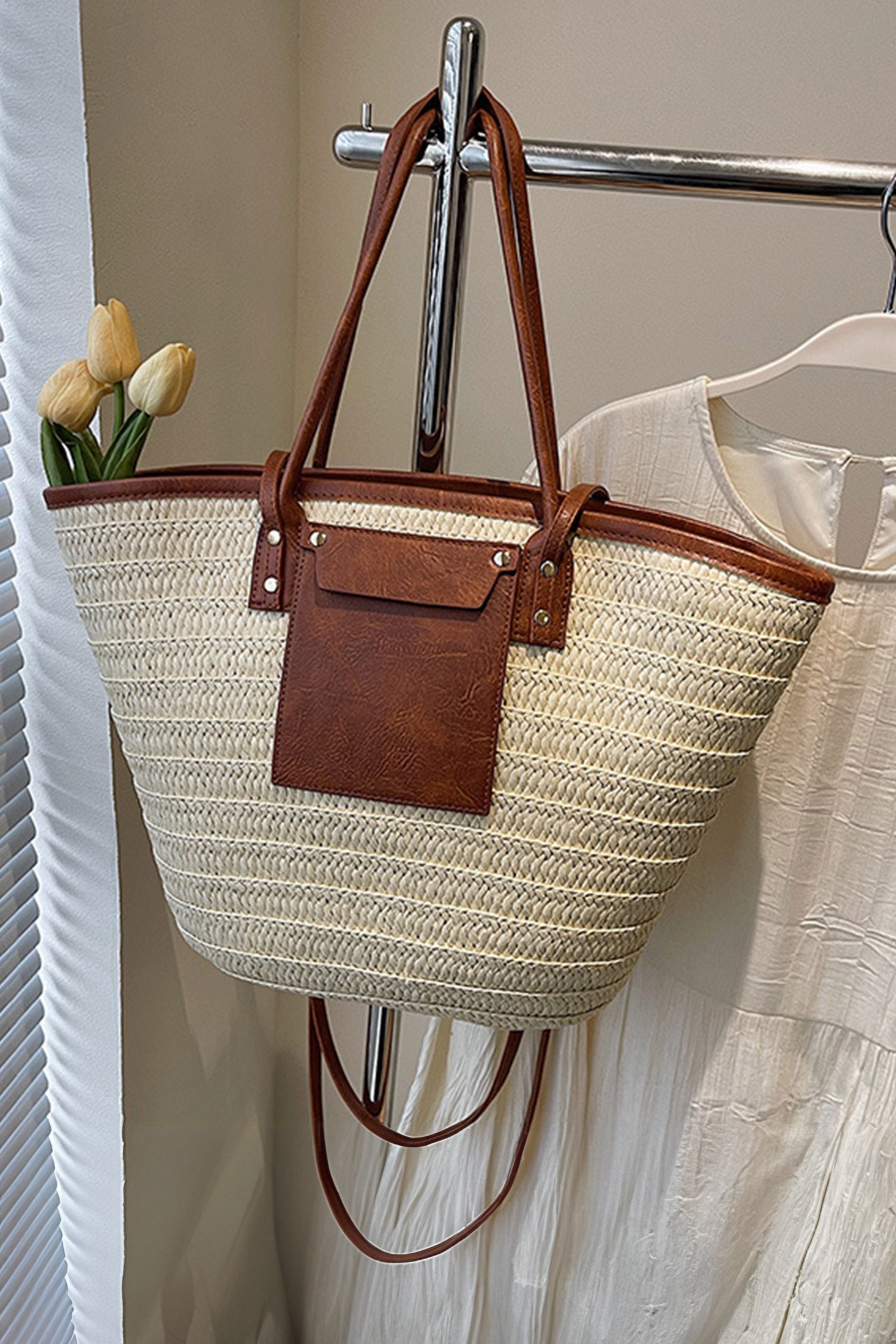 White Boho Straw Leather Accents Beach Travel Tote Bag