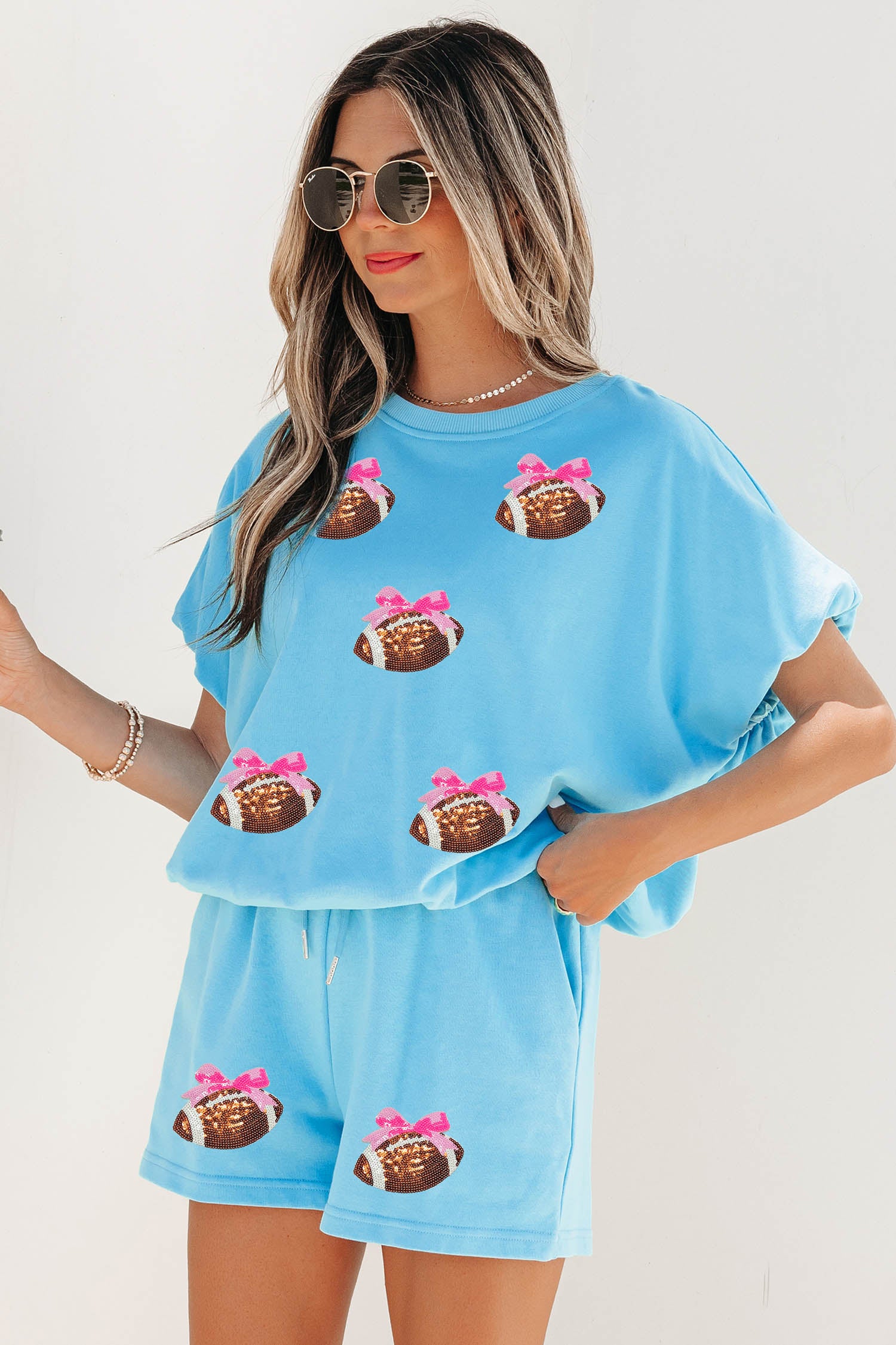 Light Blue Sequin Bow Rugby Pattern Short Sleeve Loose Two Piece Set