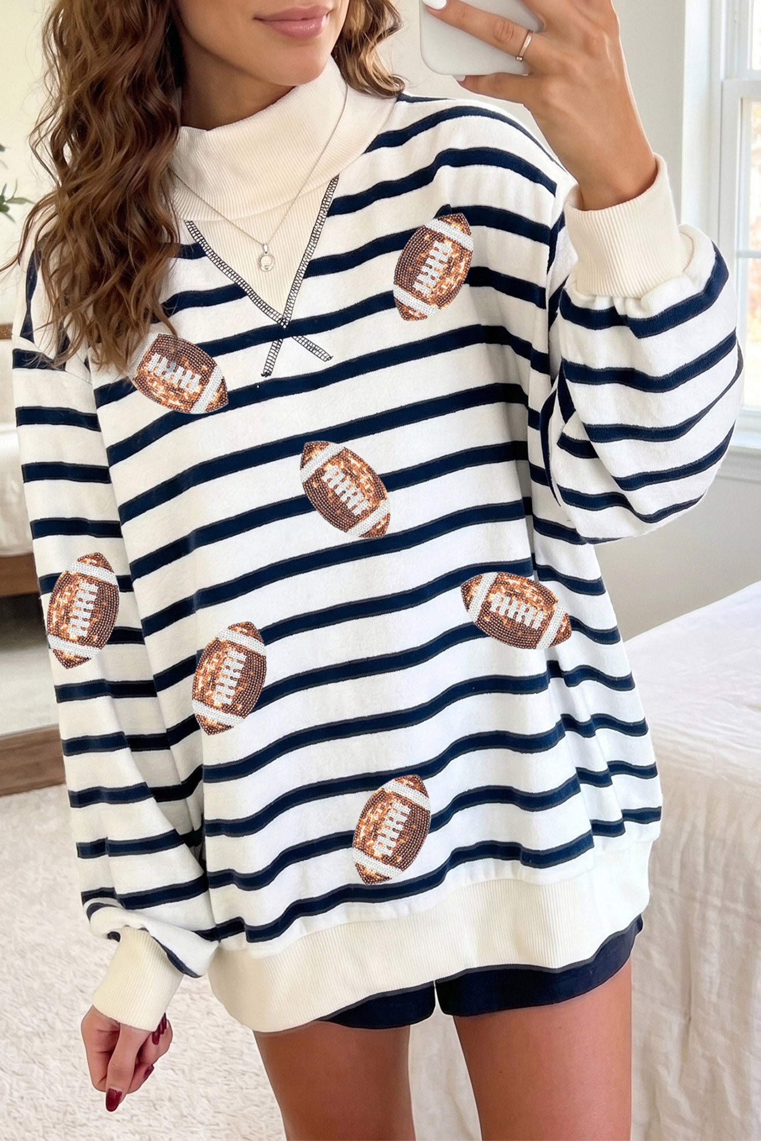 Blue Stripe Sequin Rugby Print Mock Neck Casual Sweatshirt