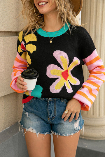 Black Cute Flower Pattern Striped Sleeve Sweater
