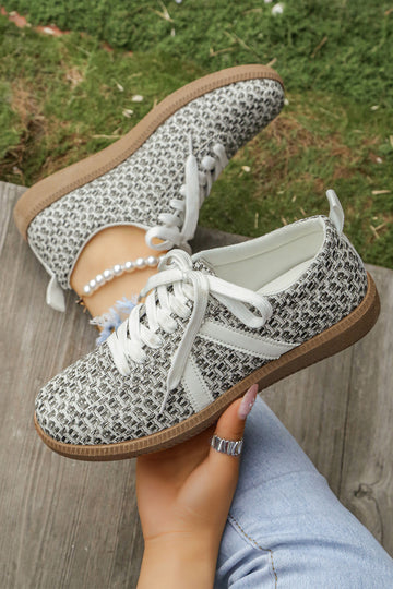 Color black Stylish Woven Lace Up Flat Shoes