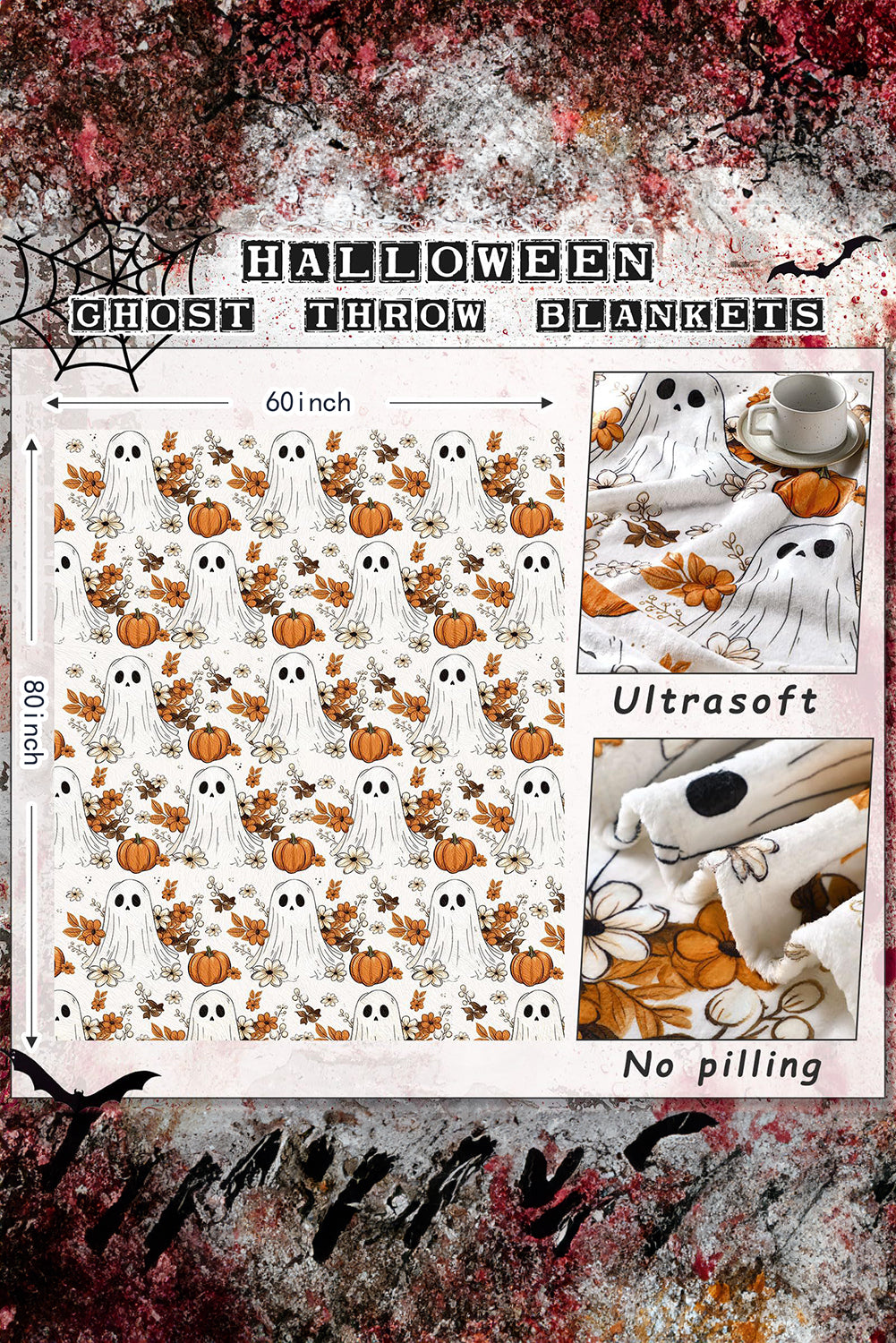 Orange Halloween Ghost Pumpkin Print Fleece Throw Blanket