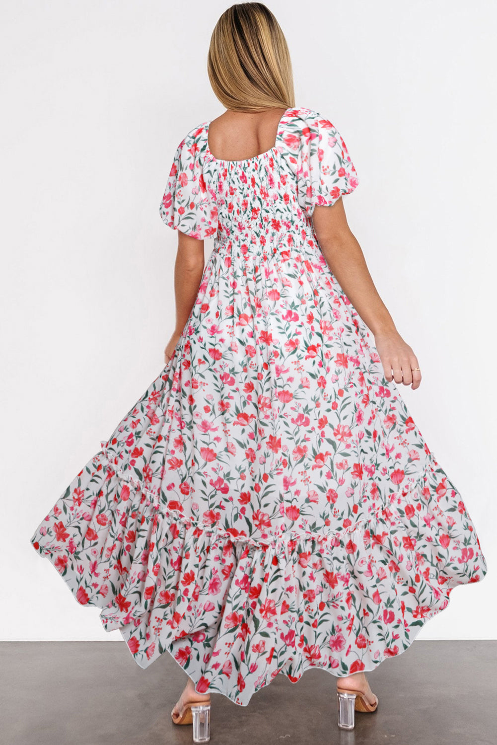 Pink Floral Puff Sleeve Square Neck Empire Waist Tiered Maxi Dress