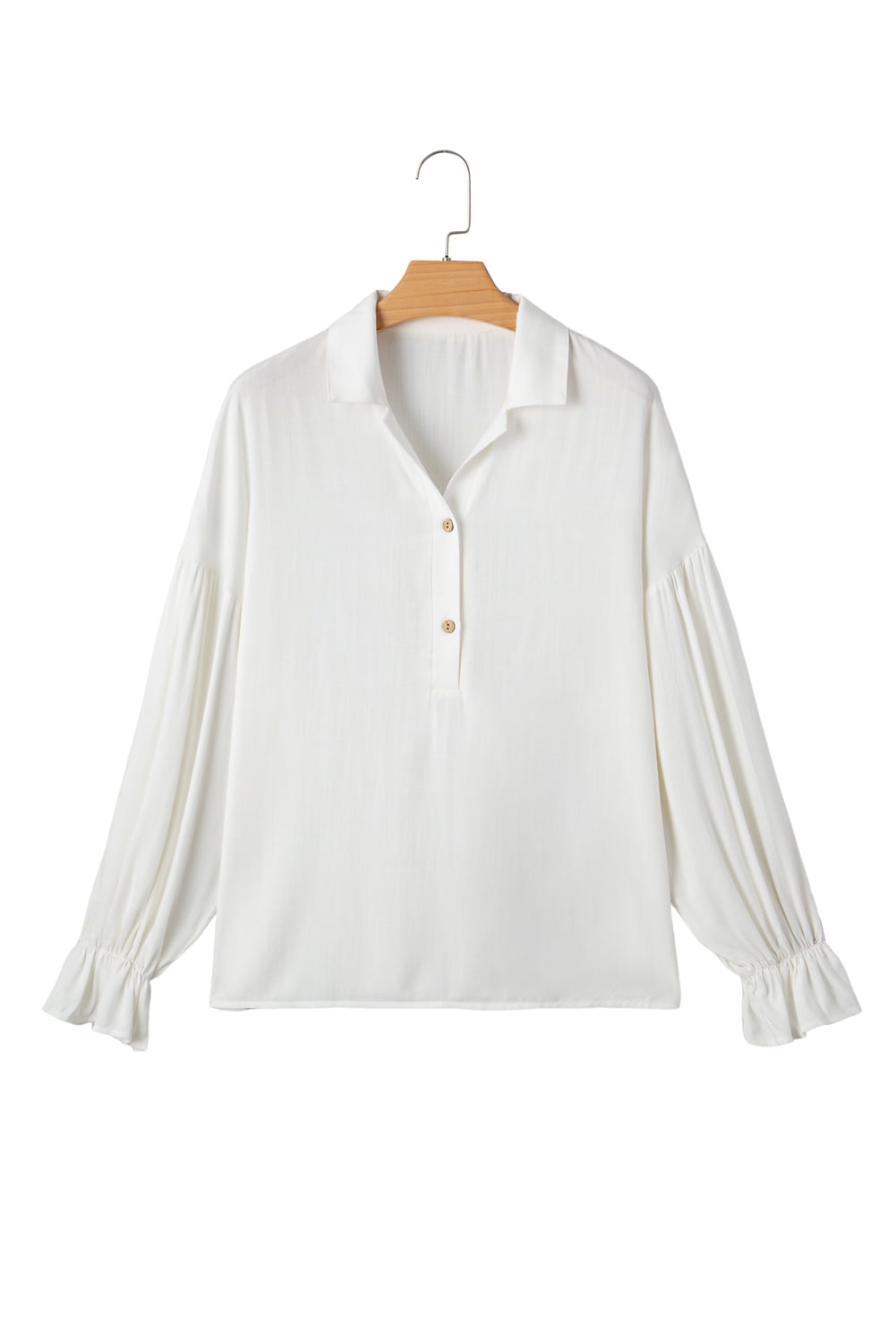 White Ruffle Elastic Cuffs Puffy Long Sleeve Button Down Shirt