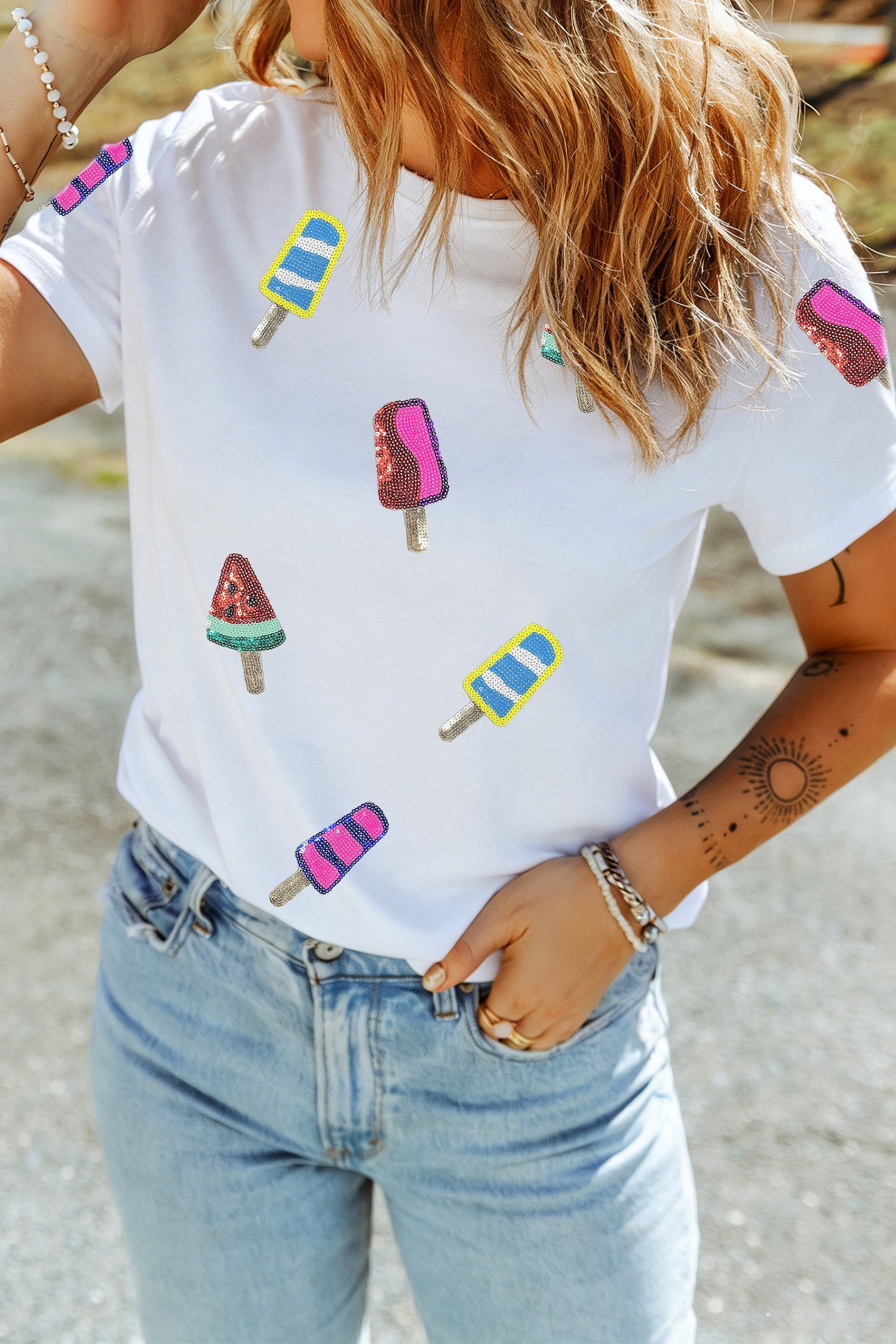 White Sequin Popsicle Graphic Casual T Shirt