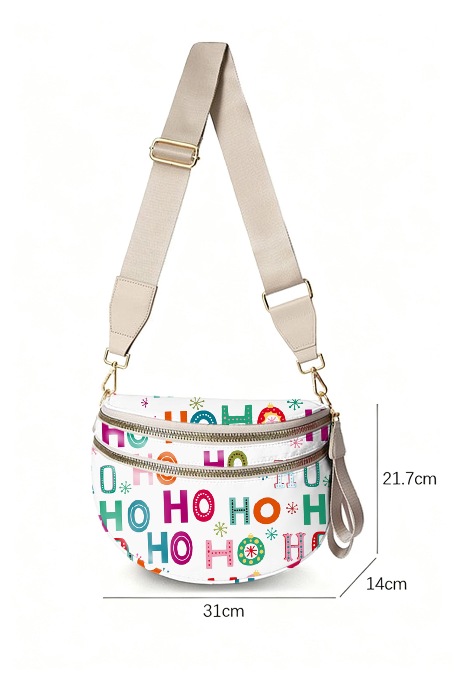 White Christmas Theme Printed Double Zip PU Leather Crossbody Bag