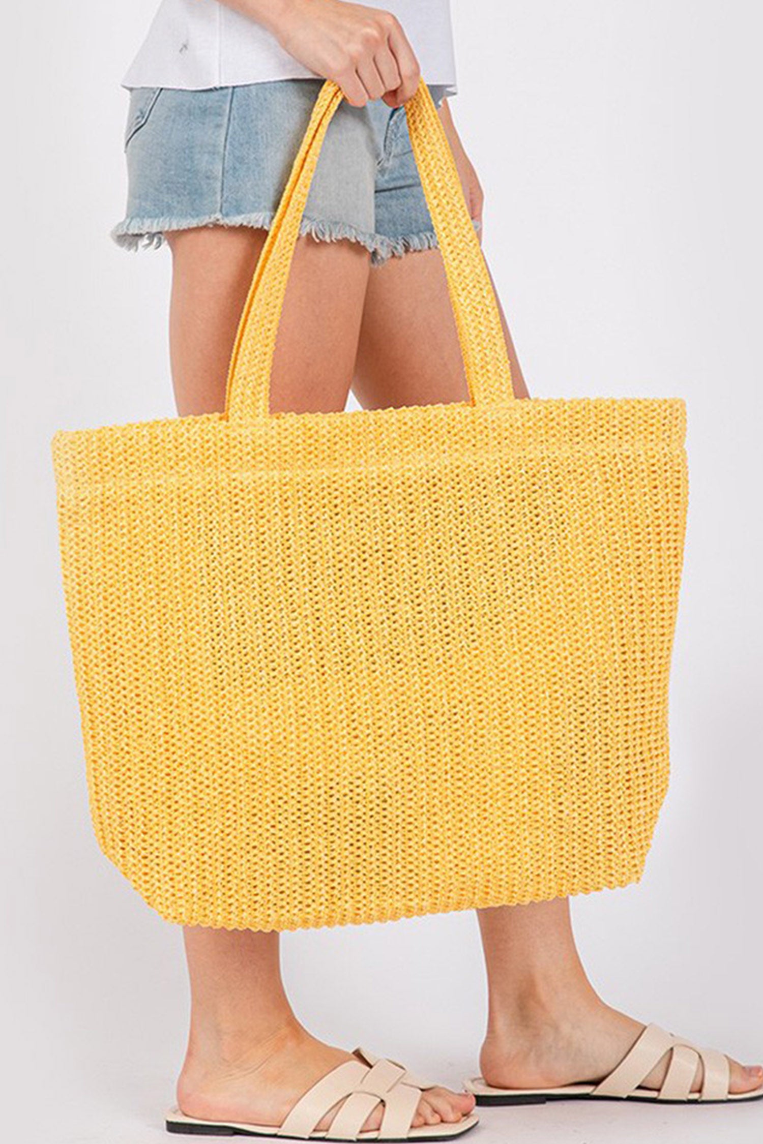 Ginger Solid Color Straw Woven Summer Beach Tote Bag