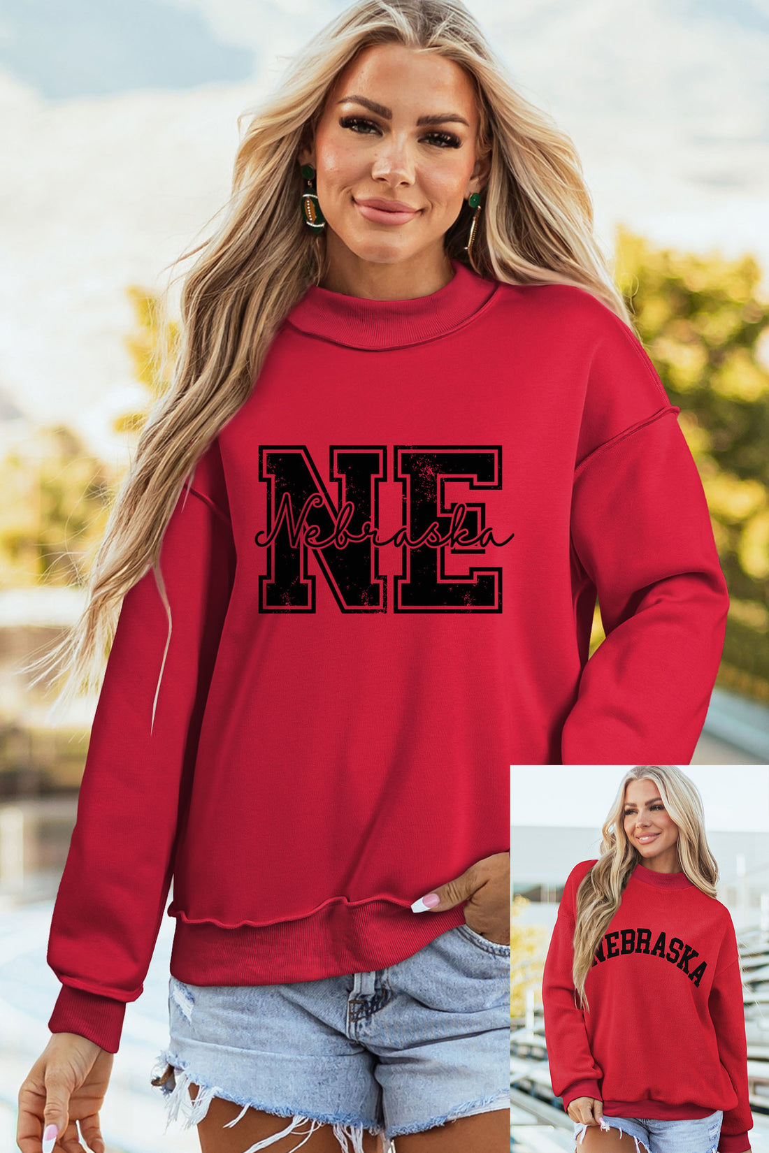 Racing Red NEBRASKA Double Side Printed Mock Neck Reversible Sweatshirt