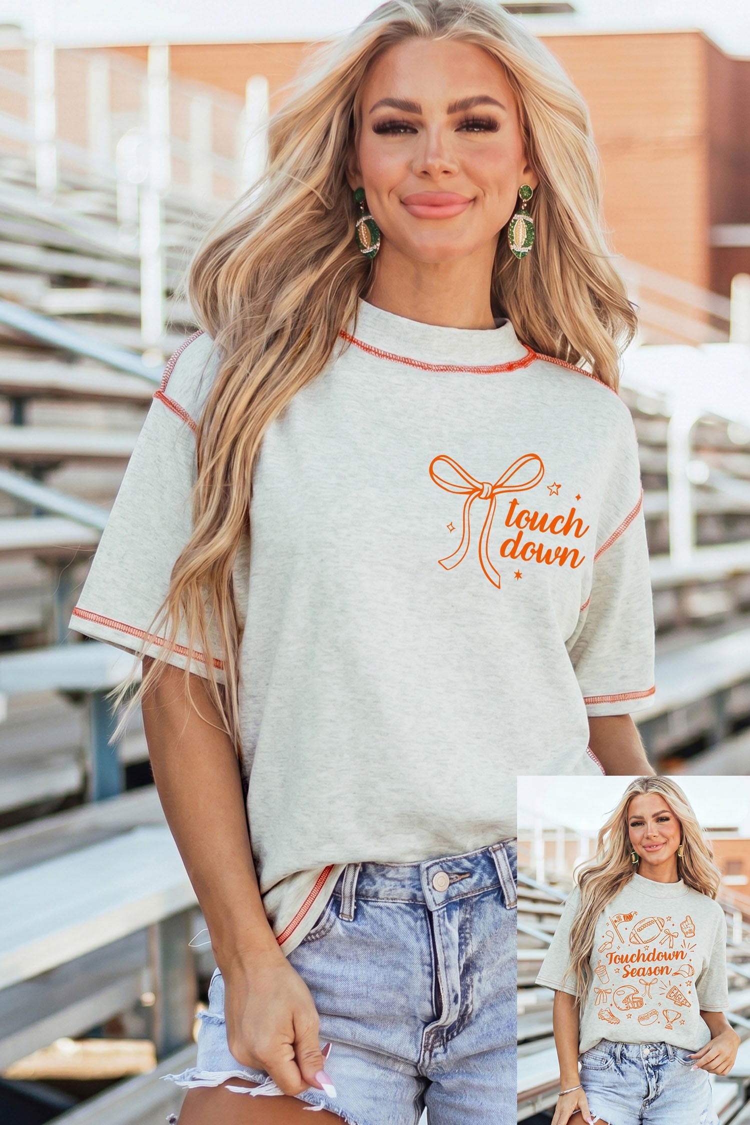 Light Grey Game Day Touchdown Season Graphic Reversible Mock Neck Tee