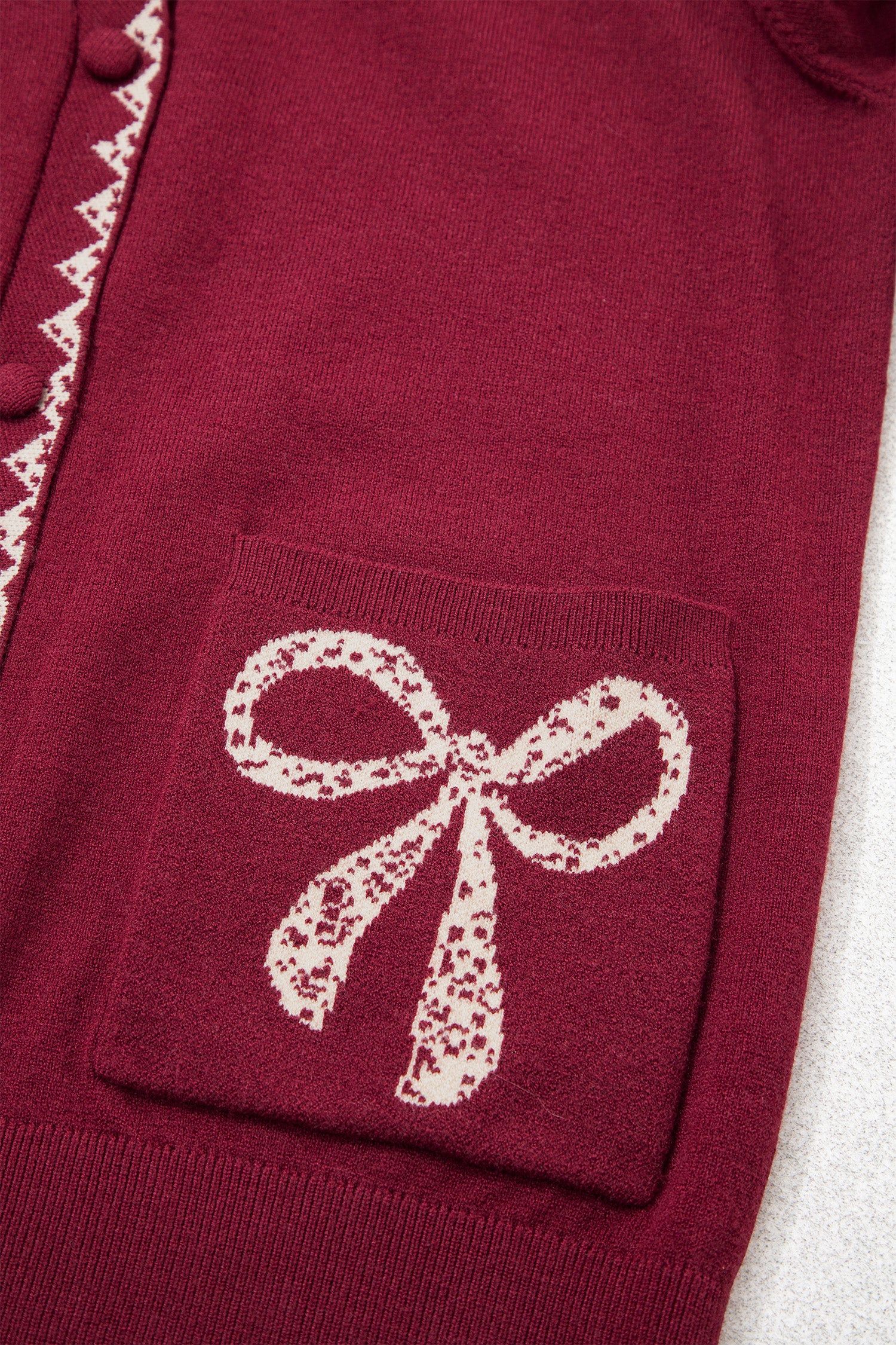 Burgundy Bow Pocket Collar Long Sleeve Knit Cardigan