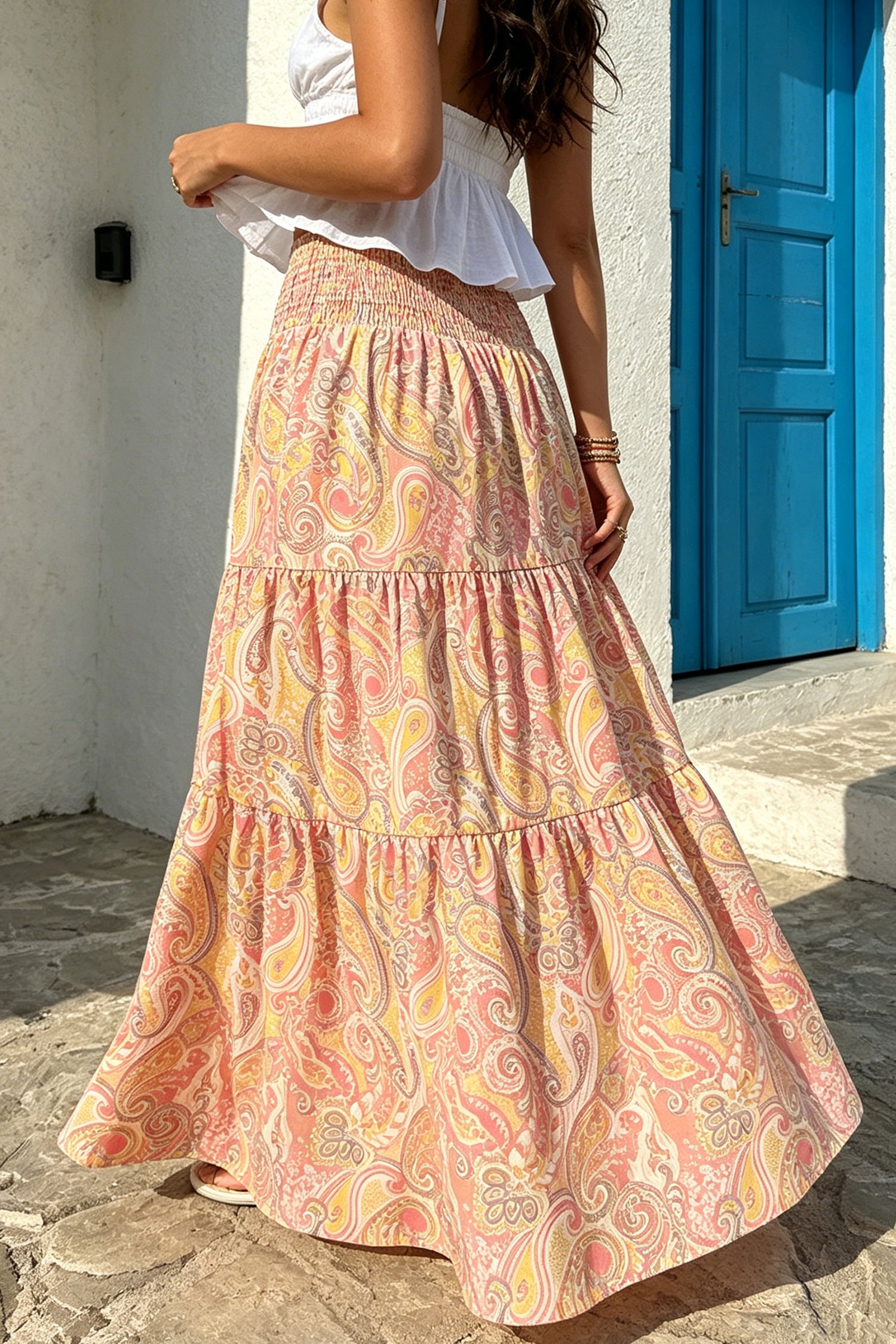 Gossamer Pink Boho Vintage Paisley Print Tiered Long Skirt