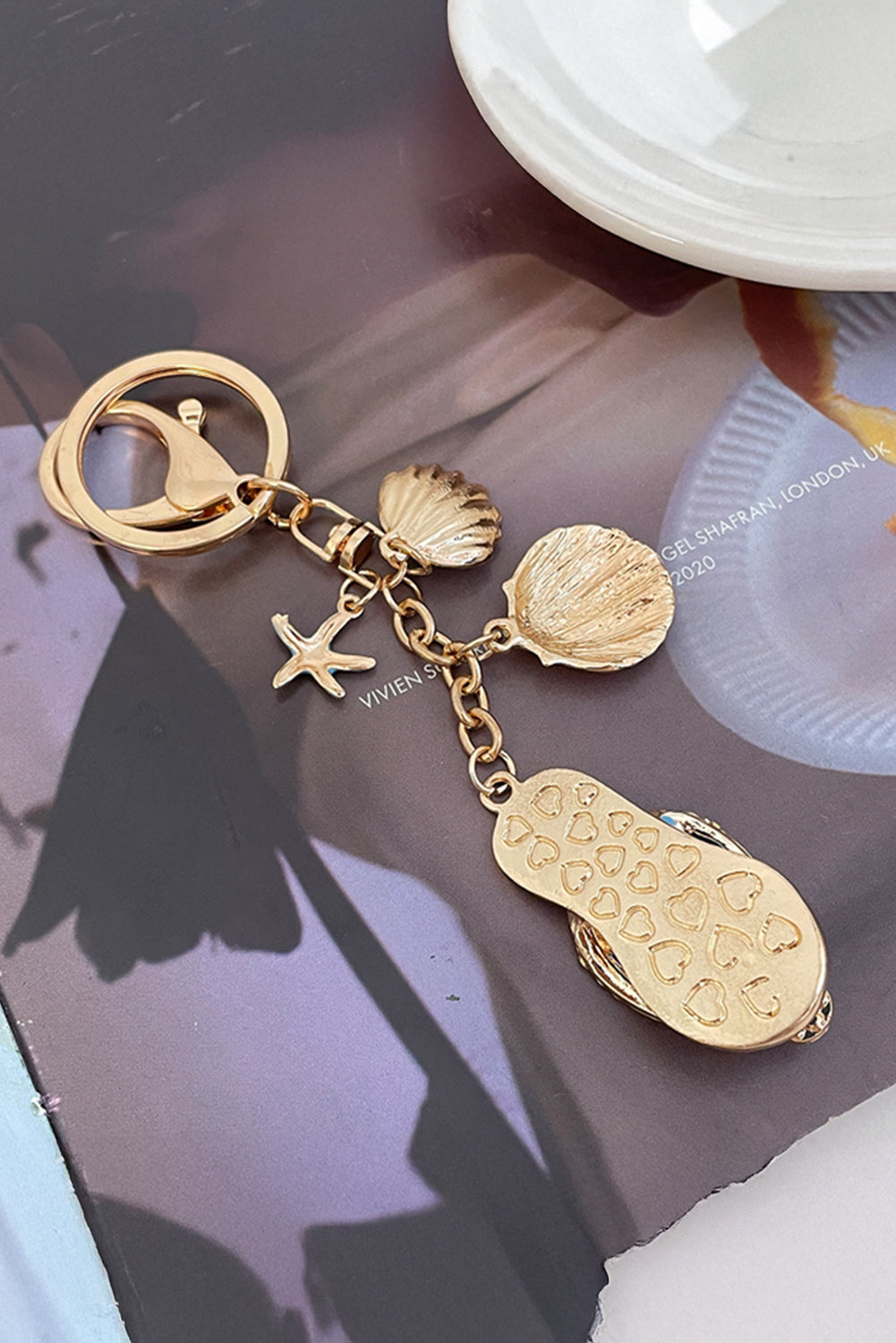 Light Blue Rhinestone Pearl Decor Slipper Shell Starfish Alloy Keychain