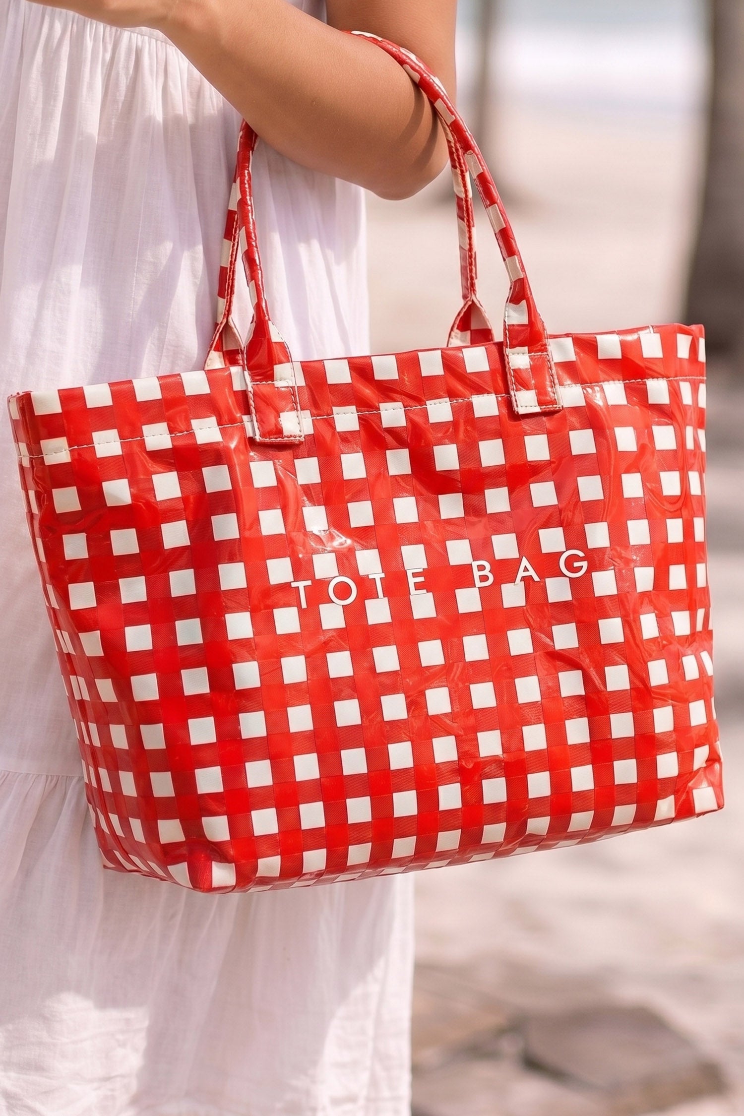 Fiery Red Plaid Pattern PVC Beach Carryall Tote Bag