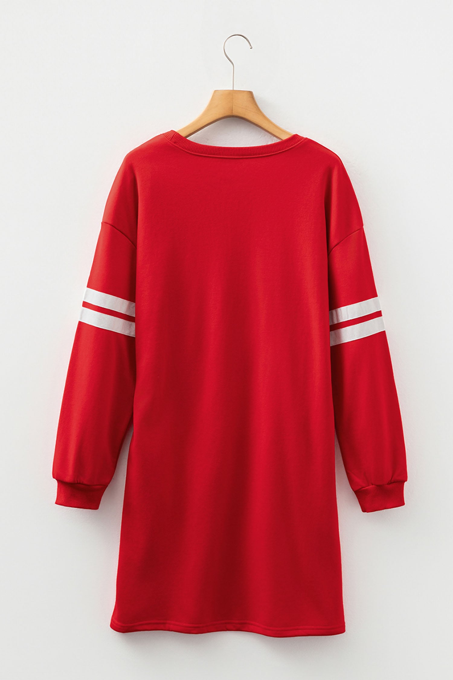 Fiery Red Varsity Striped Sleeve Sequin Rugby Pattern Sweatshirt Dress