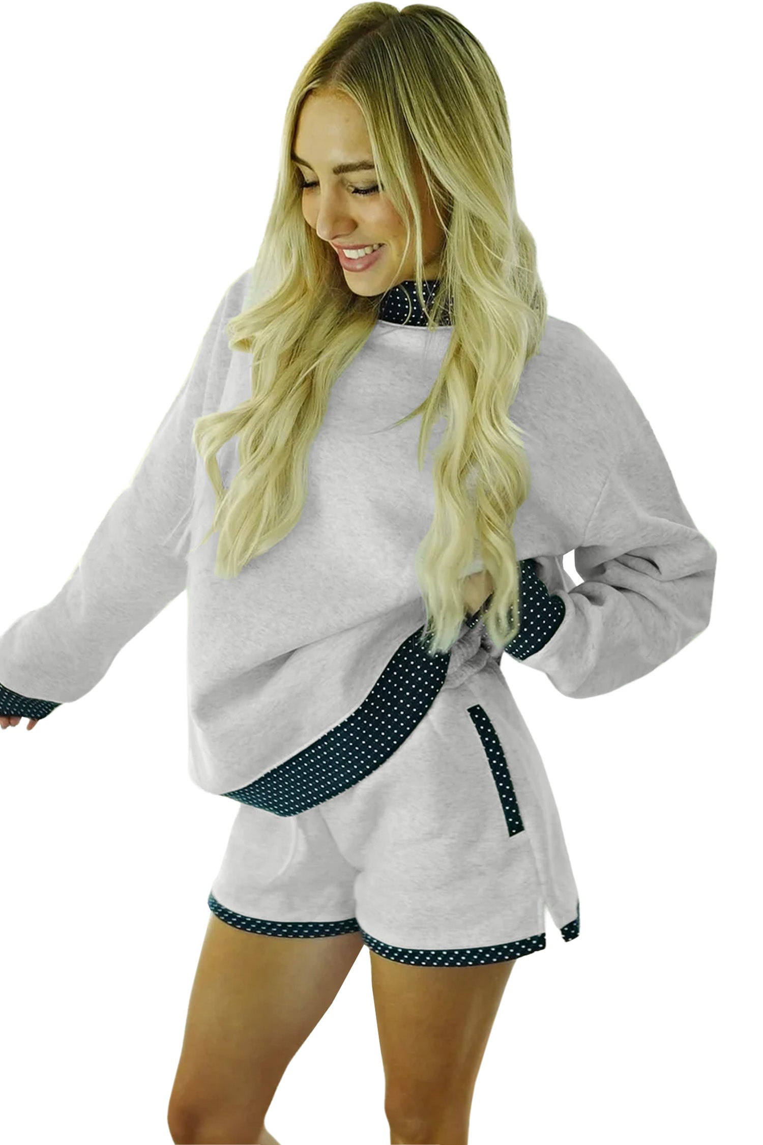 Light Grey Polka Dot Patchwork Mock Neck Pullover Casual Shorts Set
