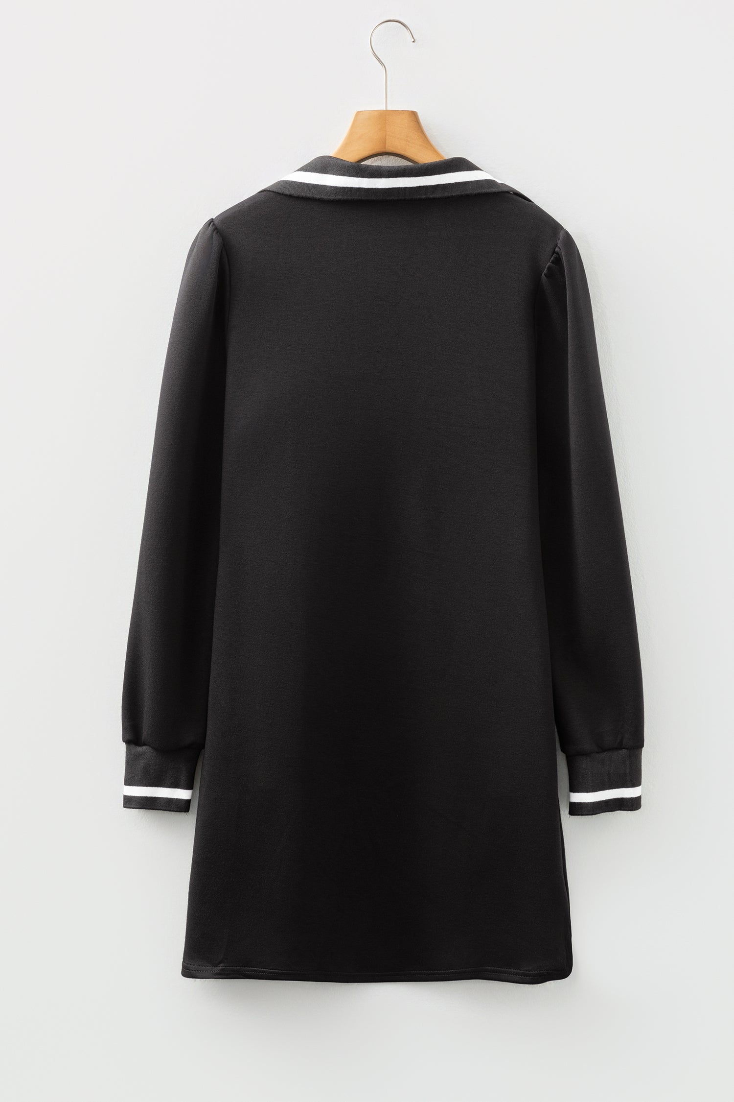 Black Striped Trim V Neck Collared Long Sleeve Shift Mini Dress