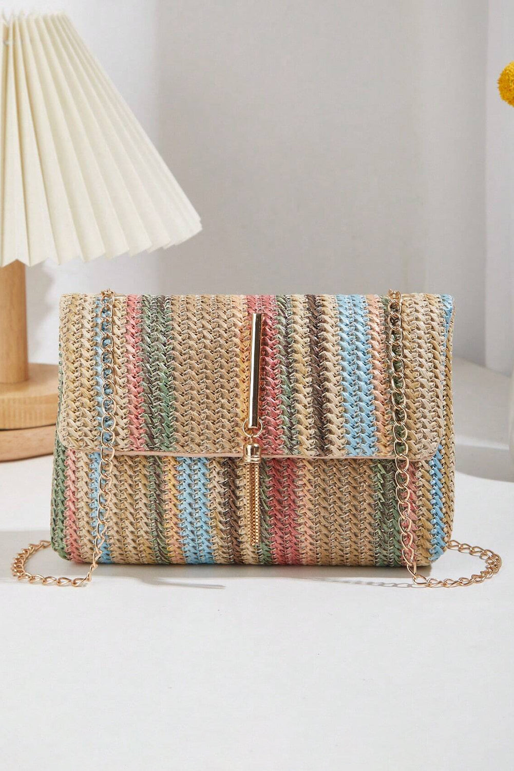 Apricot Straw Plaited Gold Chain Clasp Closure Single Shoulder Bag