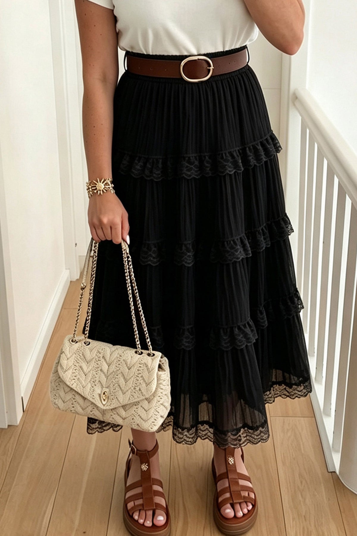 Black Pleated Tiered Lace Trim Maxi Skirt