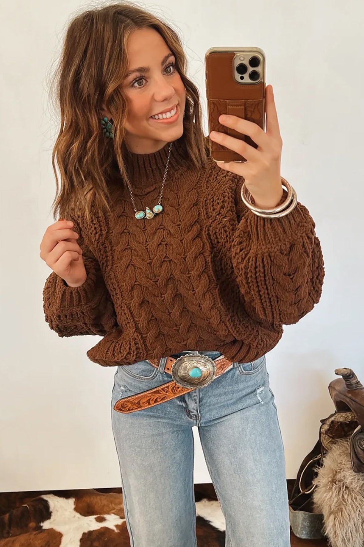 Coffee Solid Color Cable Knit High Neck Loose Pullover Sweater