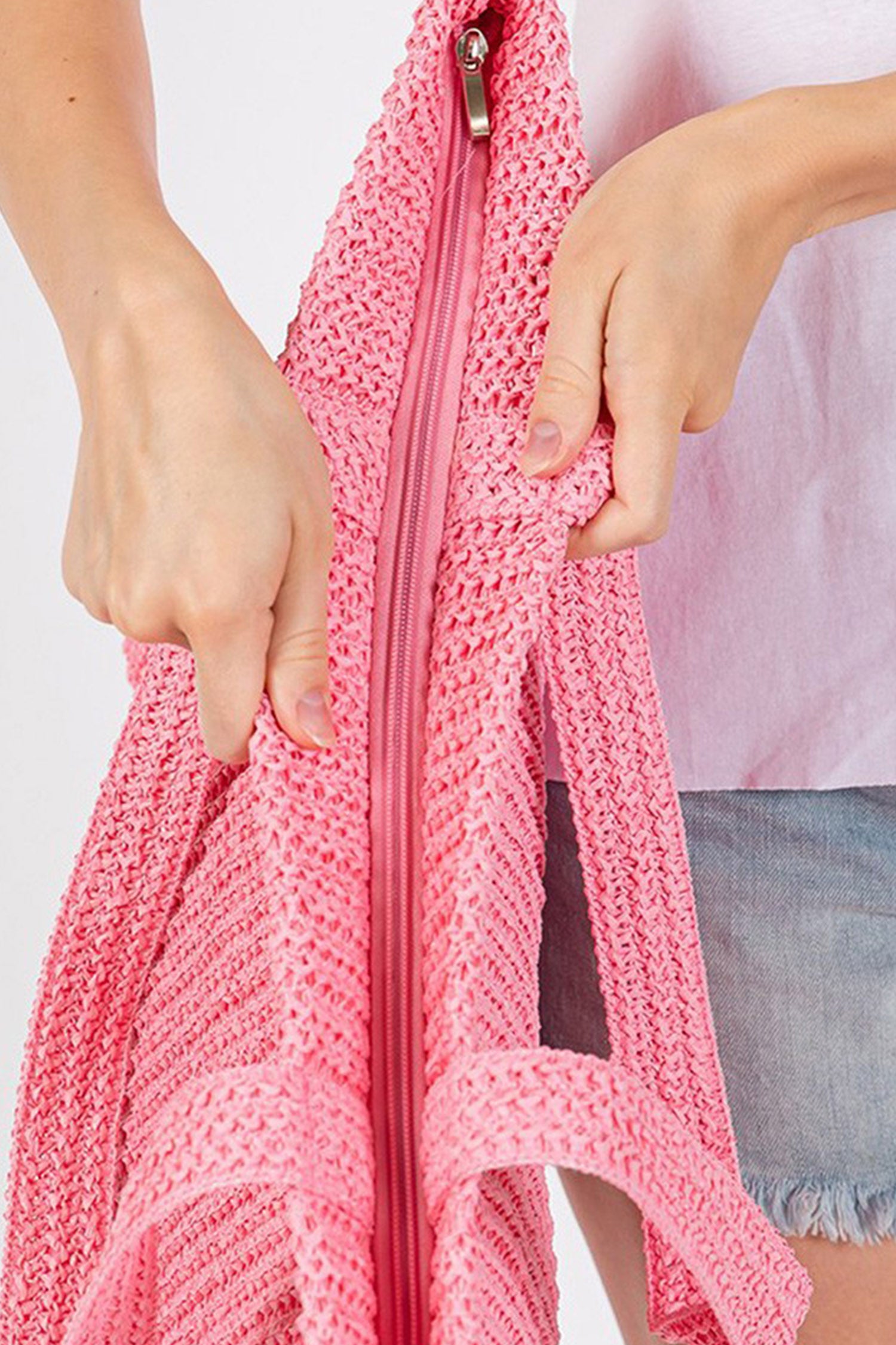 Pink Solid Color Straw Woven Summer Beach Tote Bag