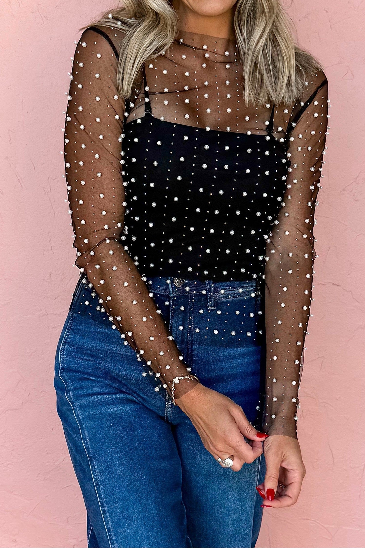 Black Pearl Beaded Mesh Long Sleeve Raw Hem Top