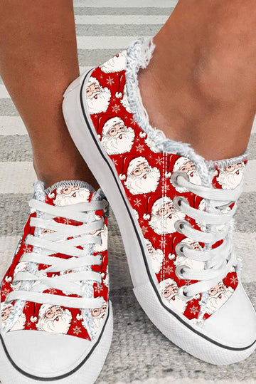 Red Santa Claus Snowflake Print Flat Canvas Shoes