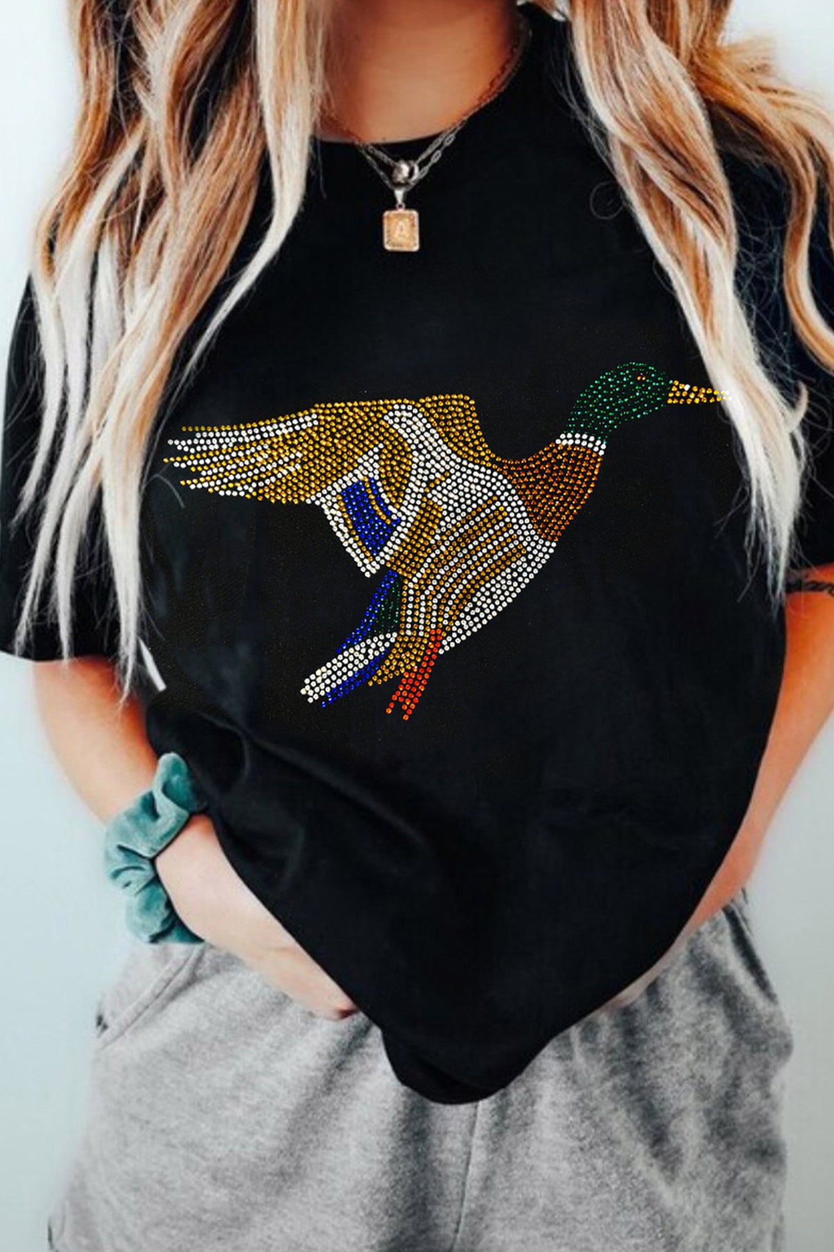 Black Rhinestone Flying Mallard Graphic Casual Round Neck T Shirt