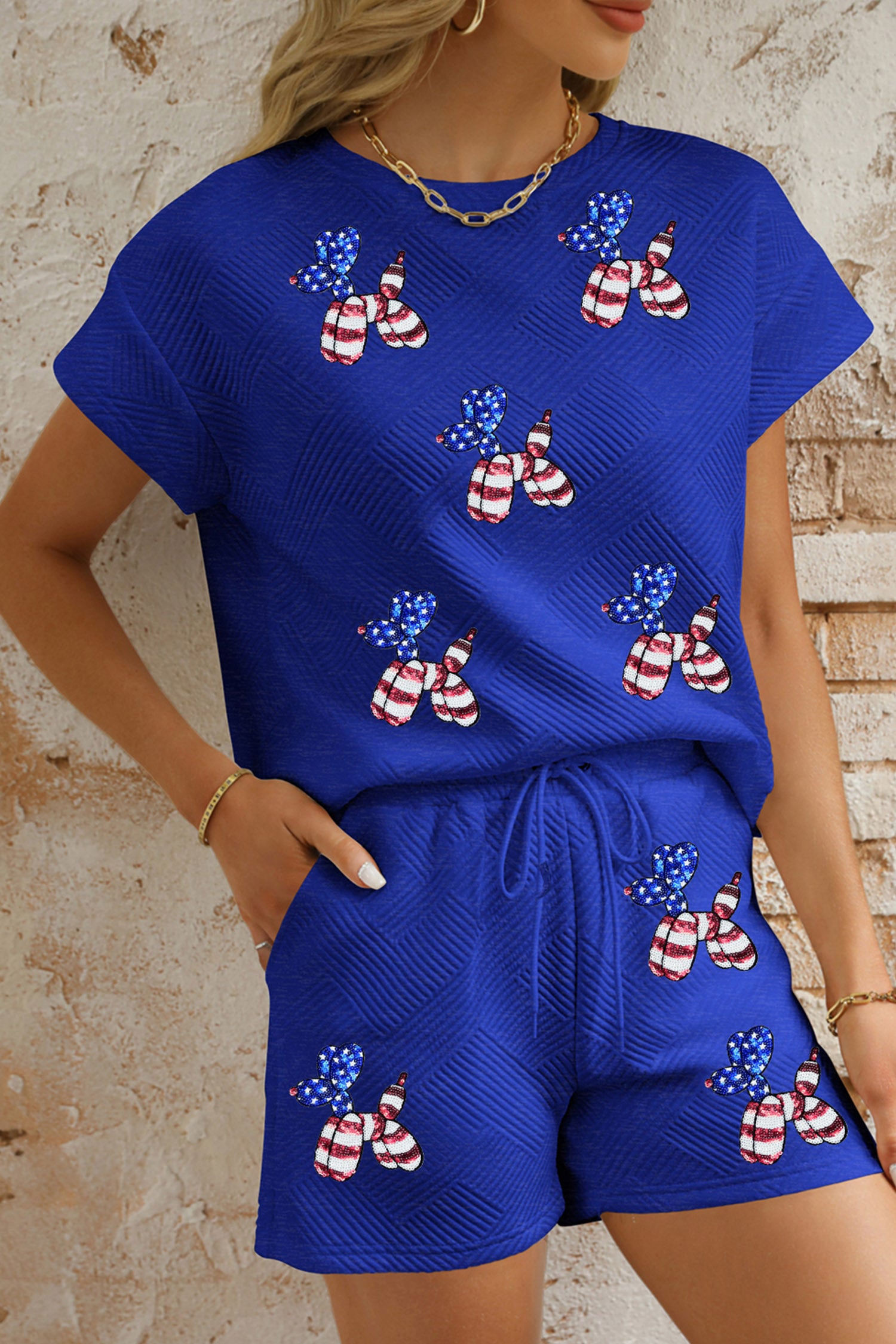 Dark Blue Stylish Textured Sequin Balloon Dog Patriotic Short Set