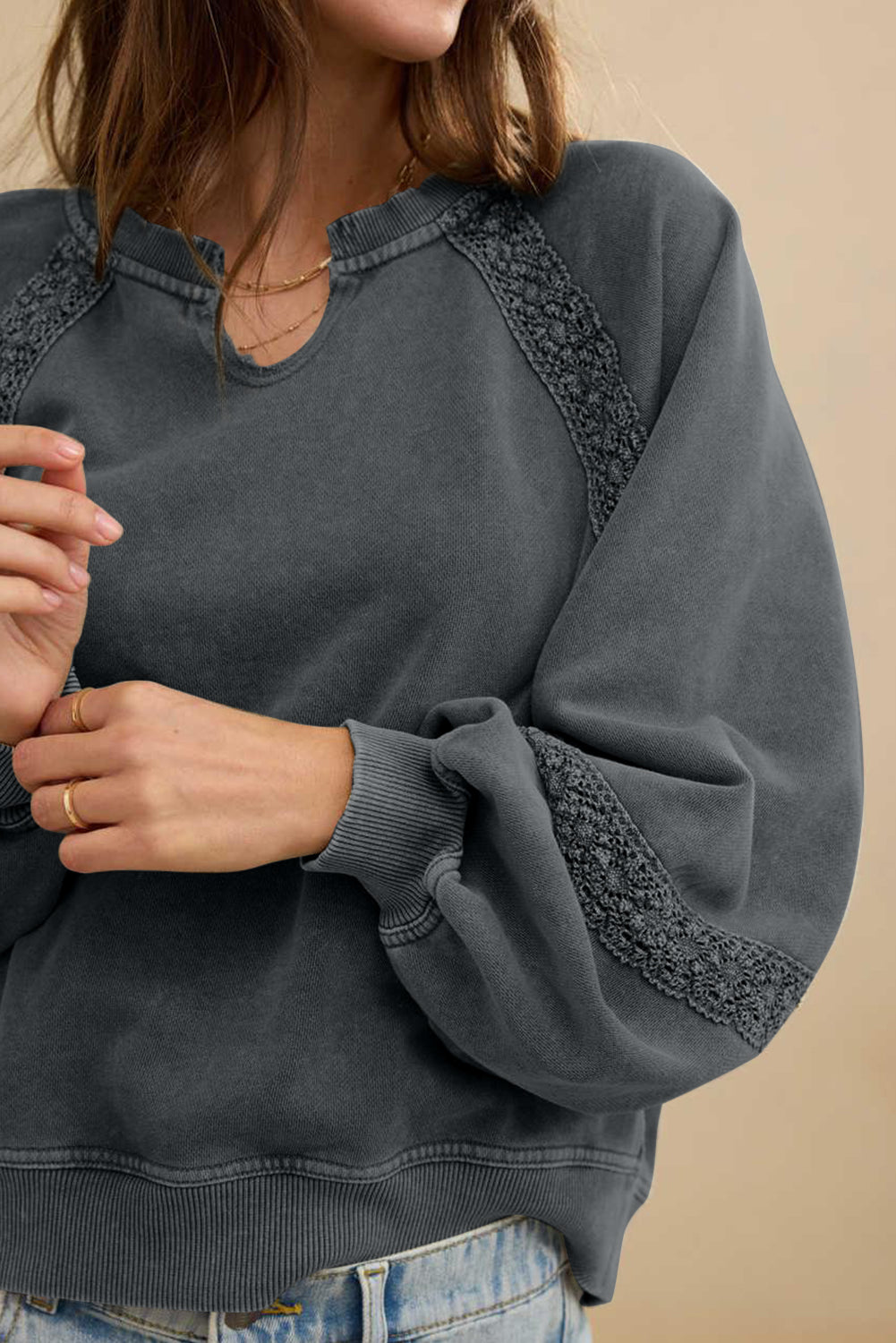 Gray Lace Patchwork Detail Notched Neck Mineral Wash Sweatshirt