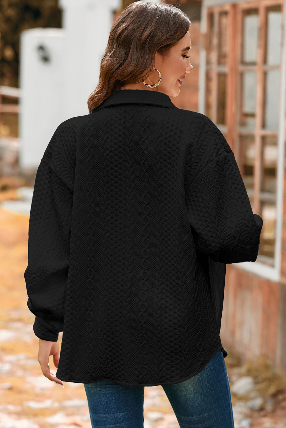 Black Cable Texture Puff Sleeve Loose Shacket