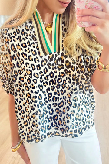 Khaki Leopard Color Block Contrast Striped V Neck Half Sleeve Loose Fit Blouse