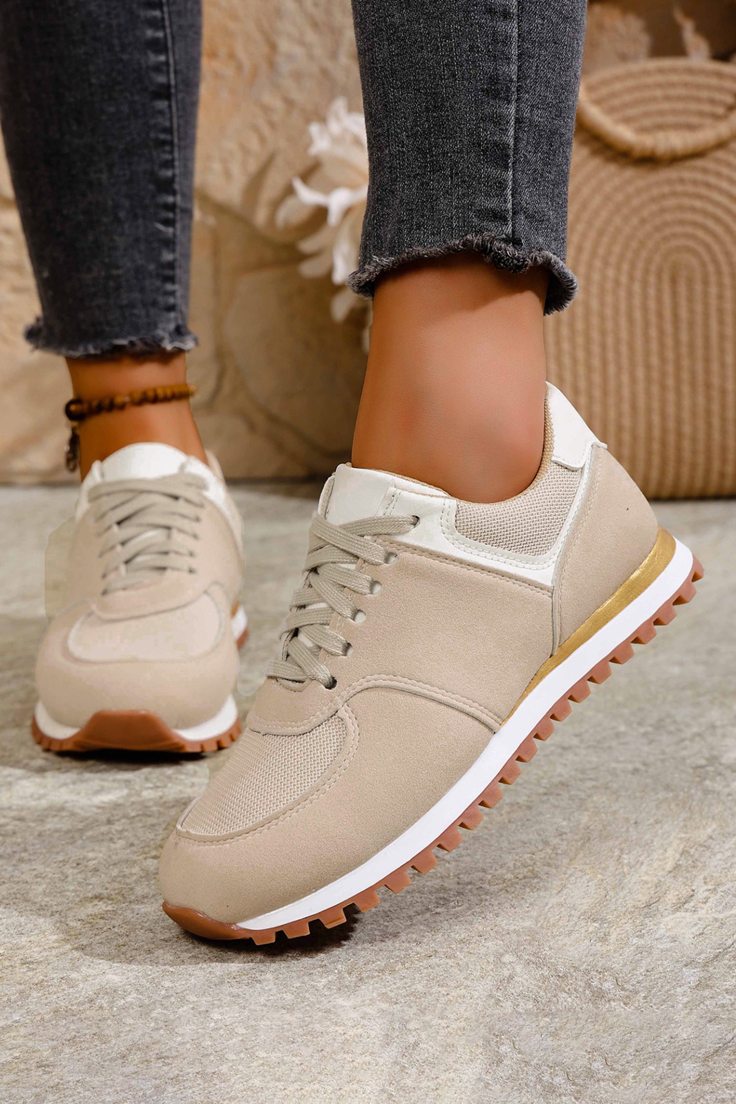 Beige Faux Suede Mixed Patchwork Retro Jogger Sneakers