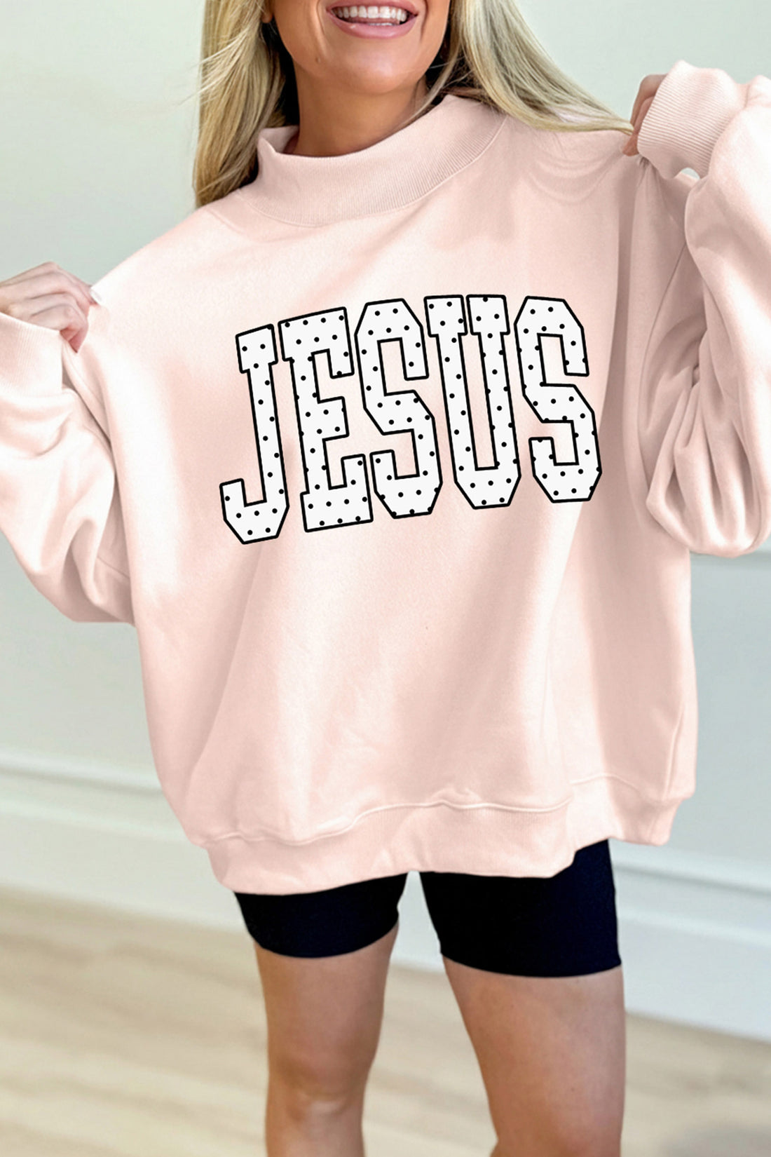 Apricot Pink Mock Neck Polka Dot Jesus Slogan Tunic Sweatshirt