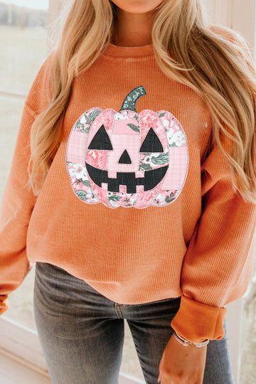 Orange Patchwork Pumpkin Graphic Corded Ribbed Round Neck Tunic Sweatshirt