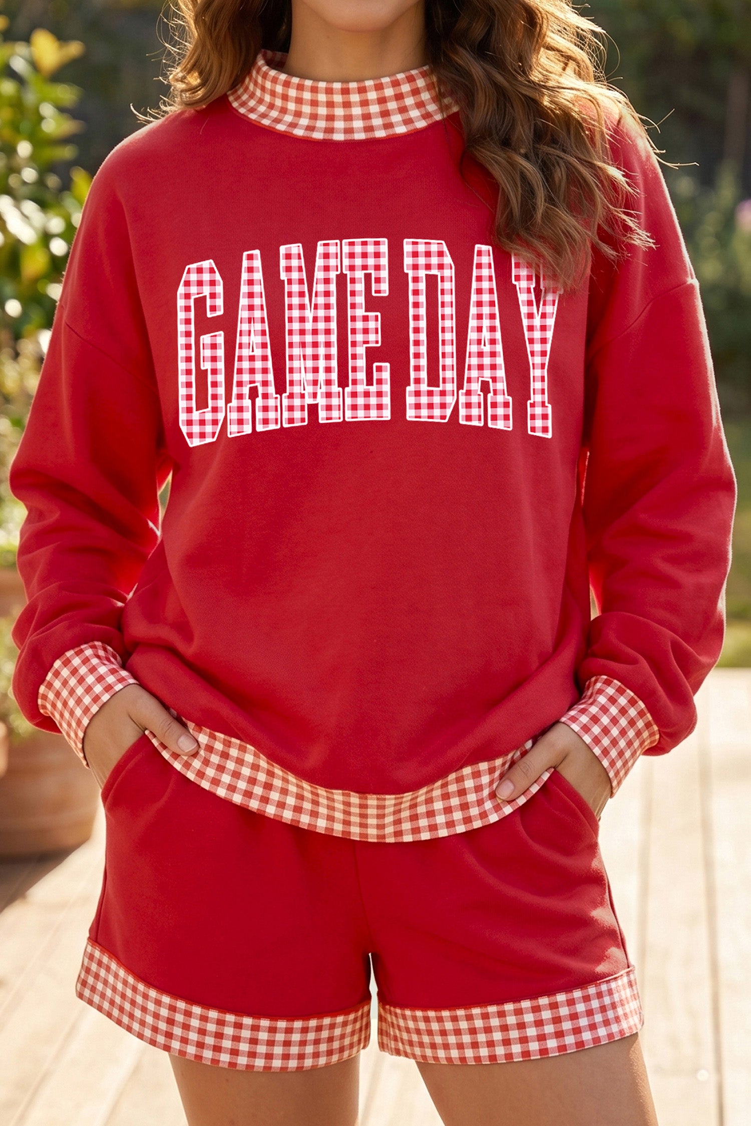 Fiery Red Game Day Gingham Trim Graphic Long Sleeve Top Shorts Set