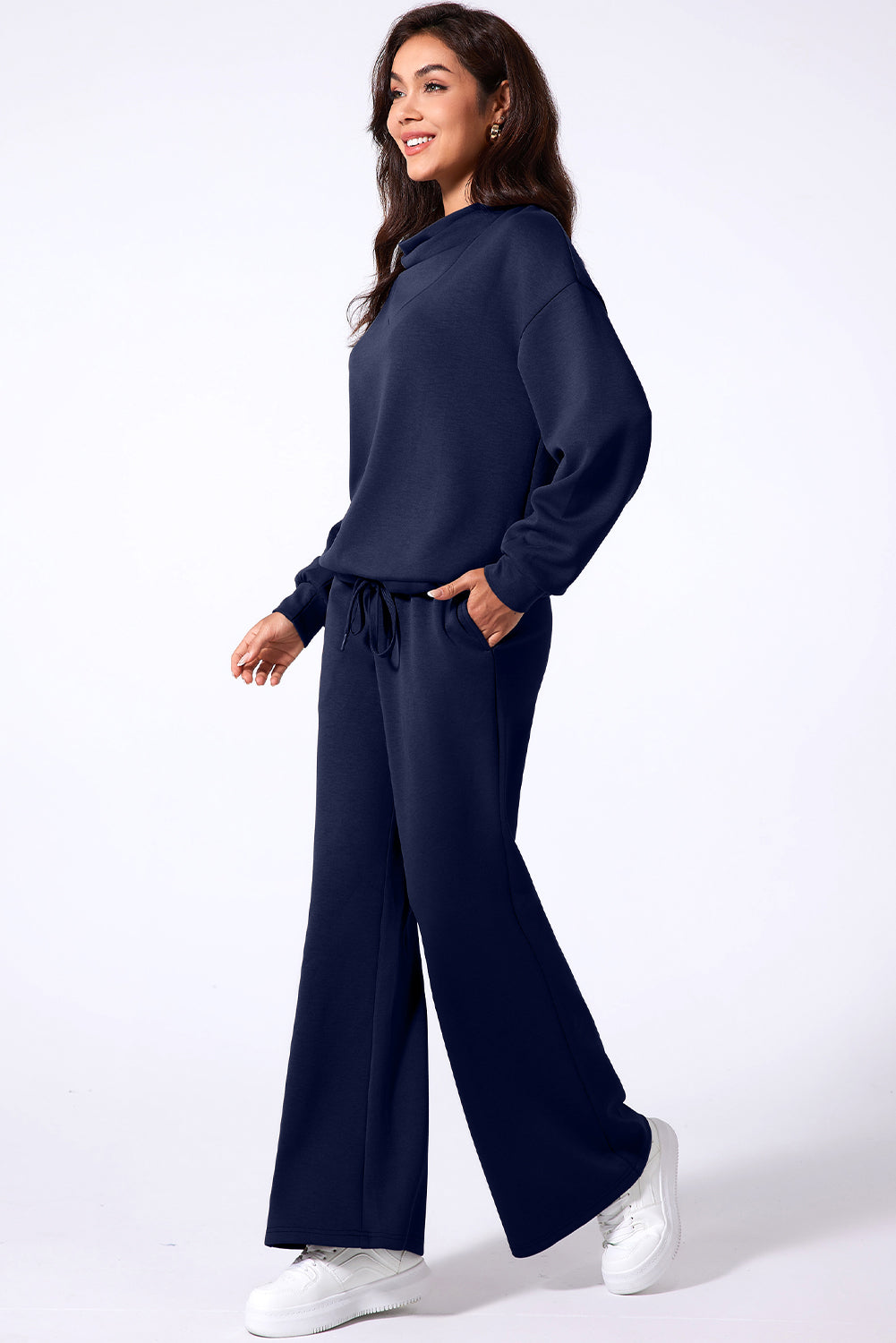 Navy Blue Solid Color Cowl Neck Drawstring Pullover Wide Leg Athleisure Pants Set